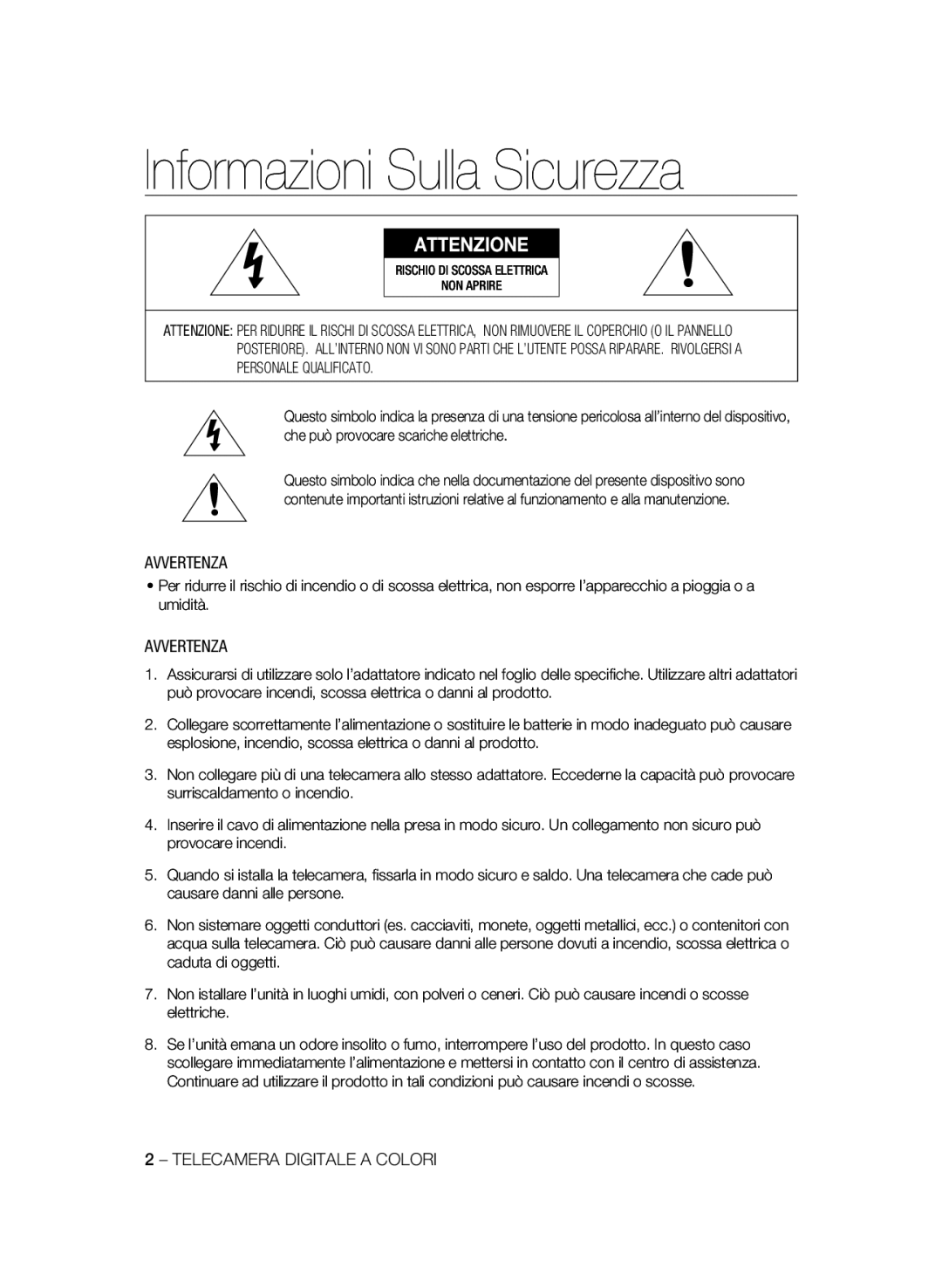 Samsung SCC-A2333P, SCC-A2033P manual Informazioni Sulla Sicurezza, Avvertenza, Telecamera Digitale a Colori 