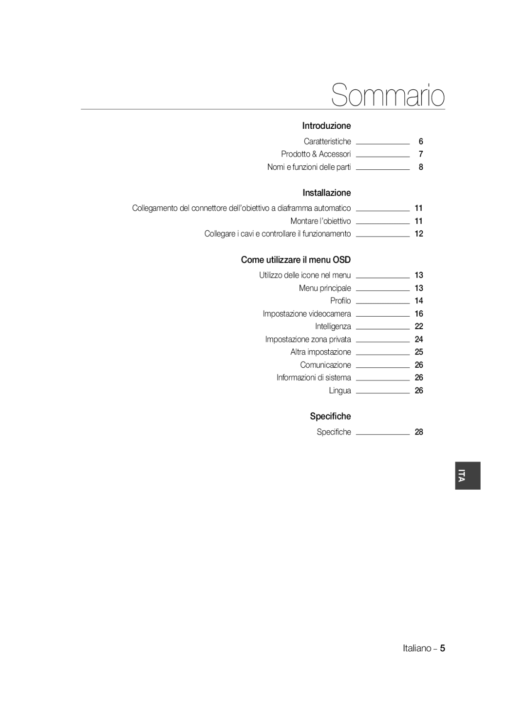 Samsung SCC-A2033P Sommario, Introduzione Caratteristiche, Installazione, Utilizzo delle icone nel menu, Lingua Speciﬁche 