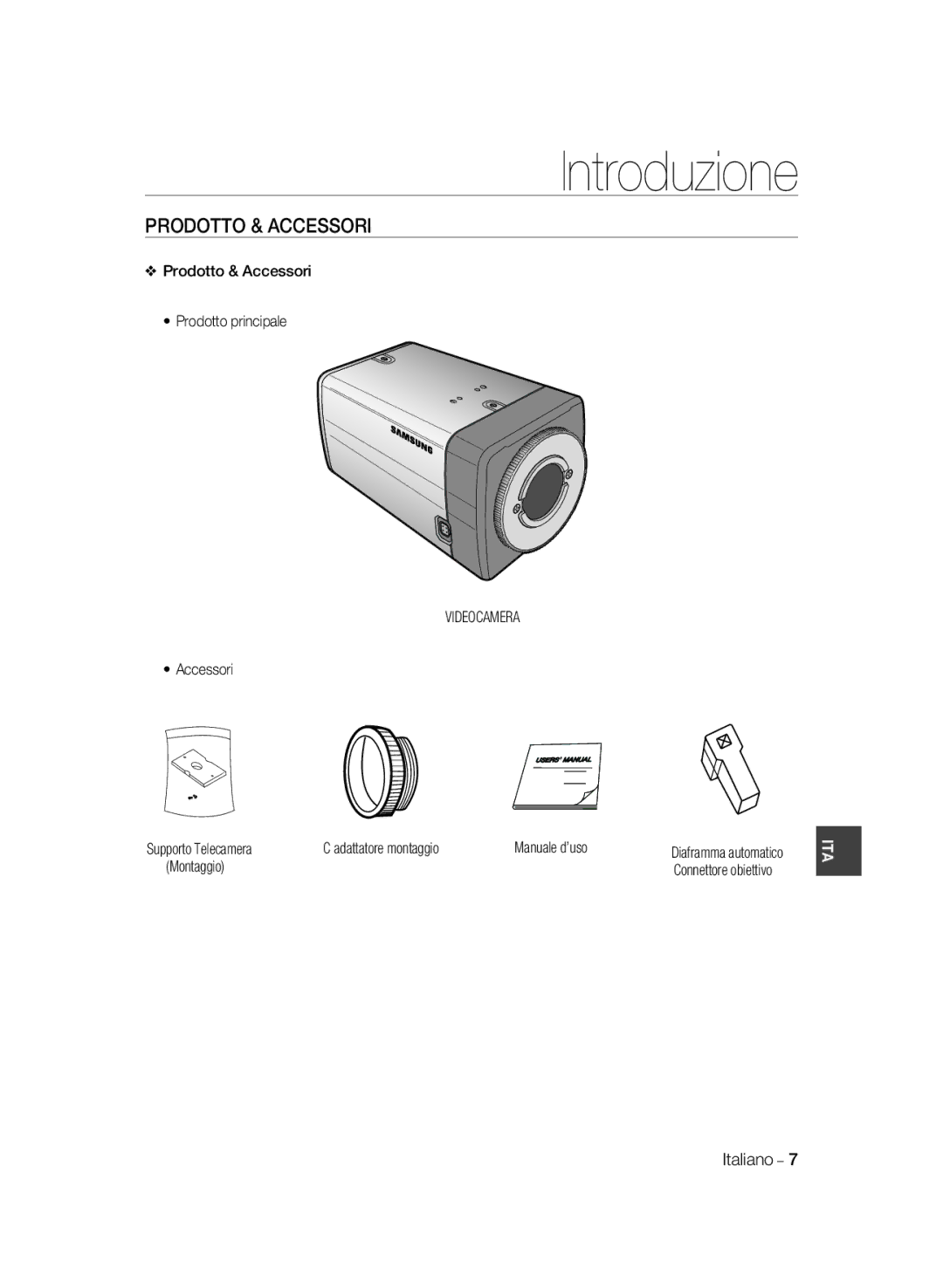 Samsung SCC-A2033P, SCC-A2333P manual Prodotto & Accessori Prodotto principale, Videocamera, Montaggio 