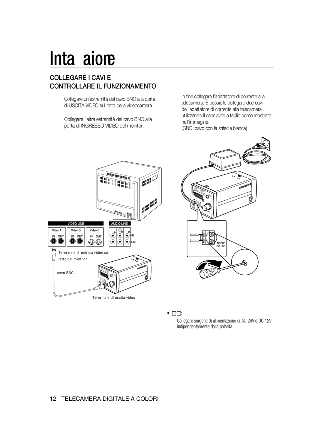 Samsung SCC-A2333P manual Installazione, Collegare I Cavi E Controllare IL Funzionamento, GND cavo con la striscia bianca 