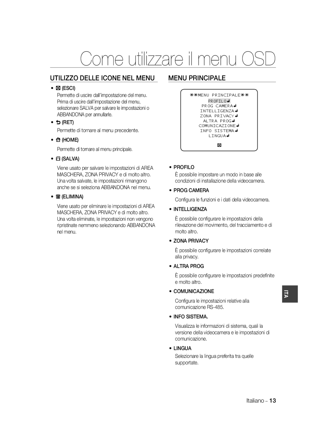 Samsung SCC-A2033P, SCC-A2333P manual Menu Principale 