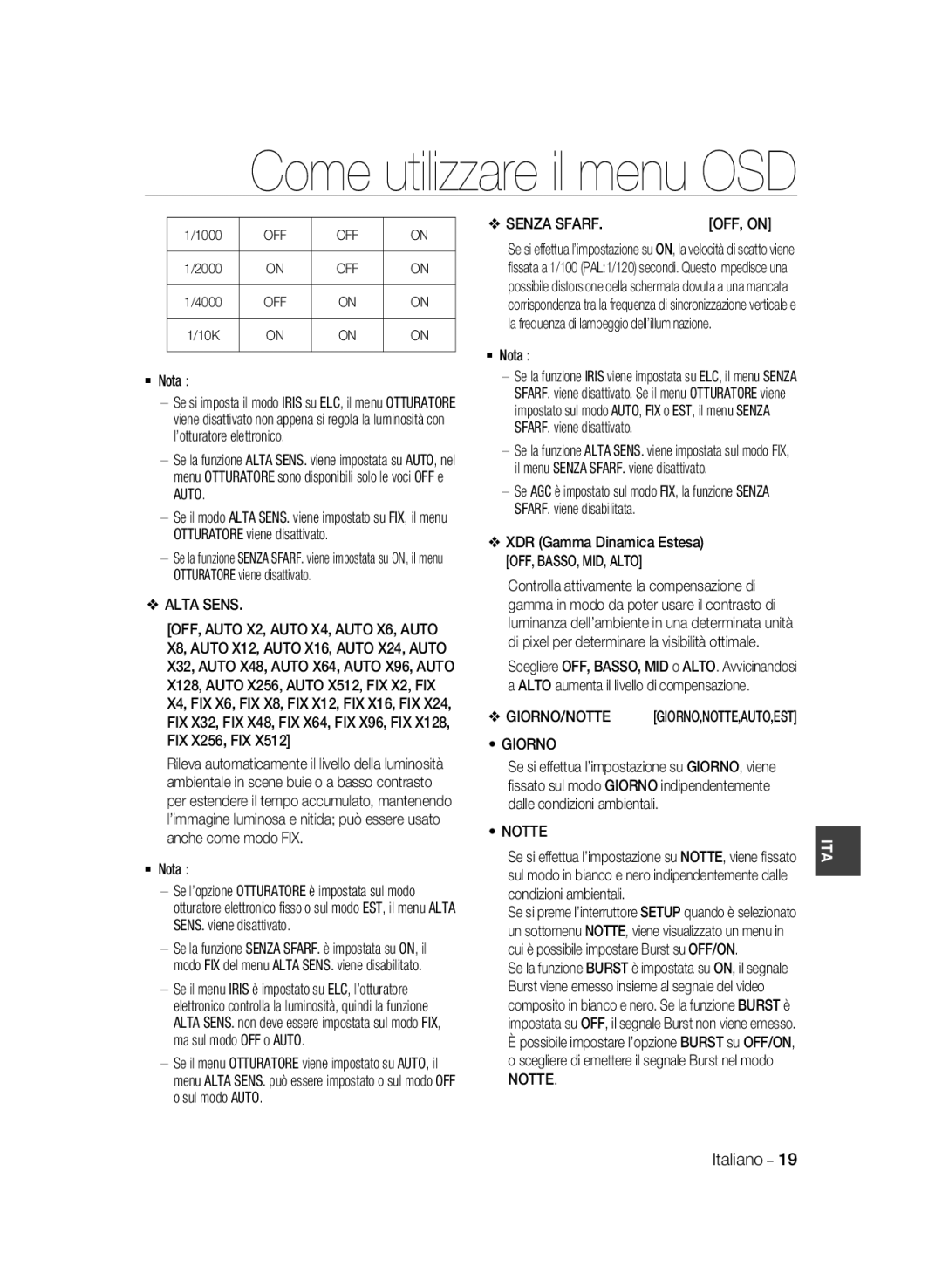 Samsung SCC-A2033P, SCC-A2333P manual Alta Sens, Senza Sfarf, Giorno, Notte 