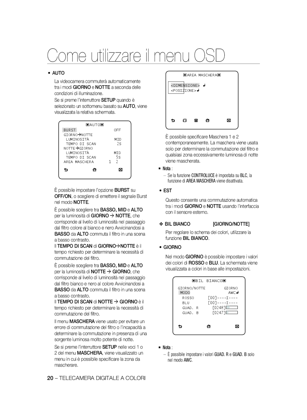 Samsung SCC-A2333P, SCC-A2033P manual Est, BIL Bianco, ‹AREA MASCHERA‹ Dimensione Posizione, Guad. B 