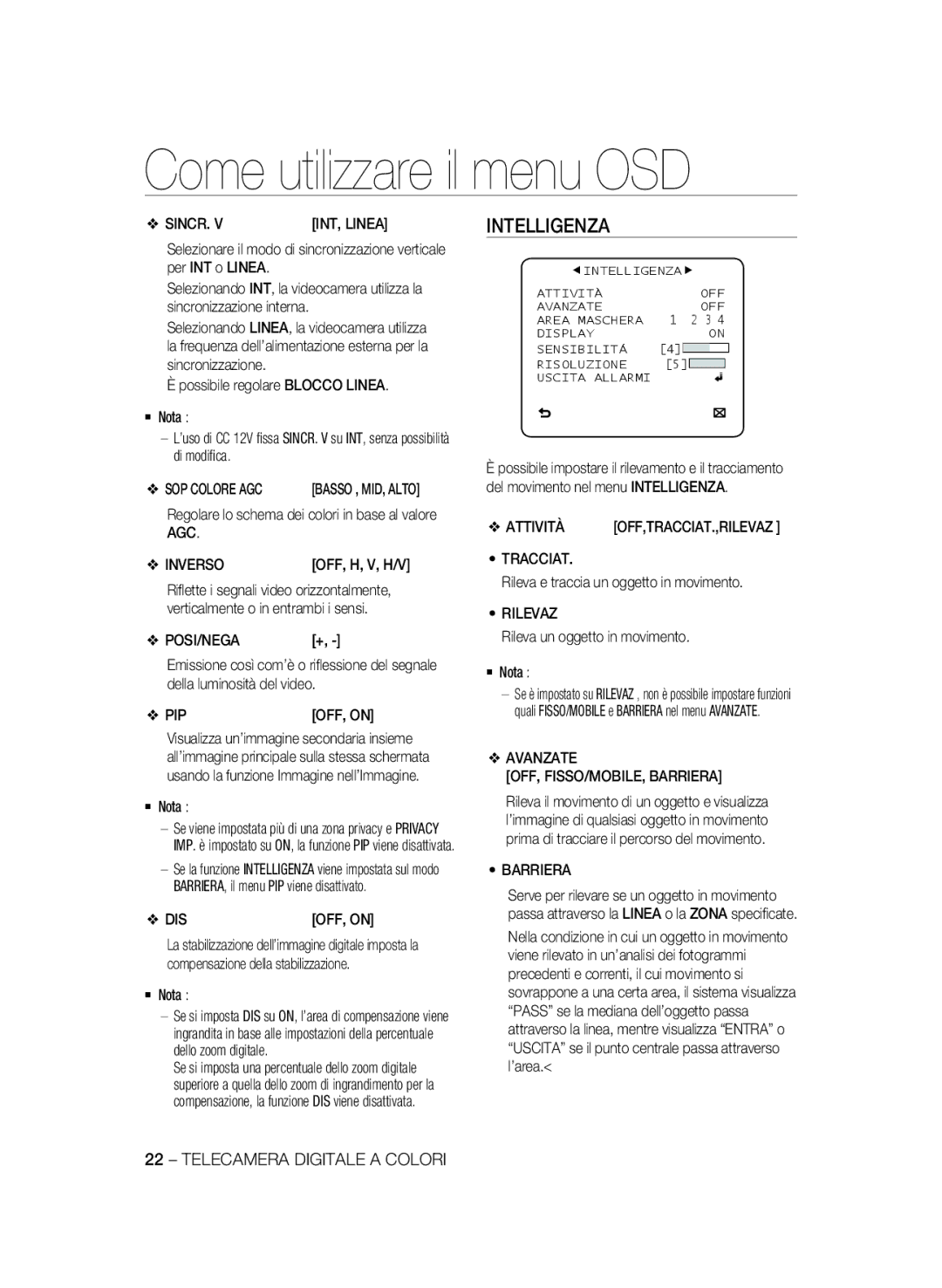 Samsung SCC-A2333P, SCC-A2033P manual Intelligenza 