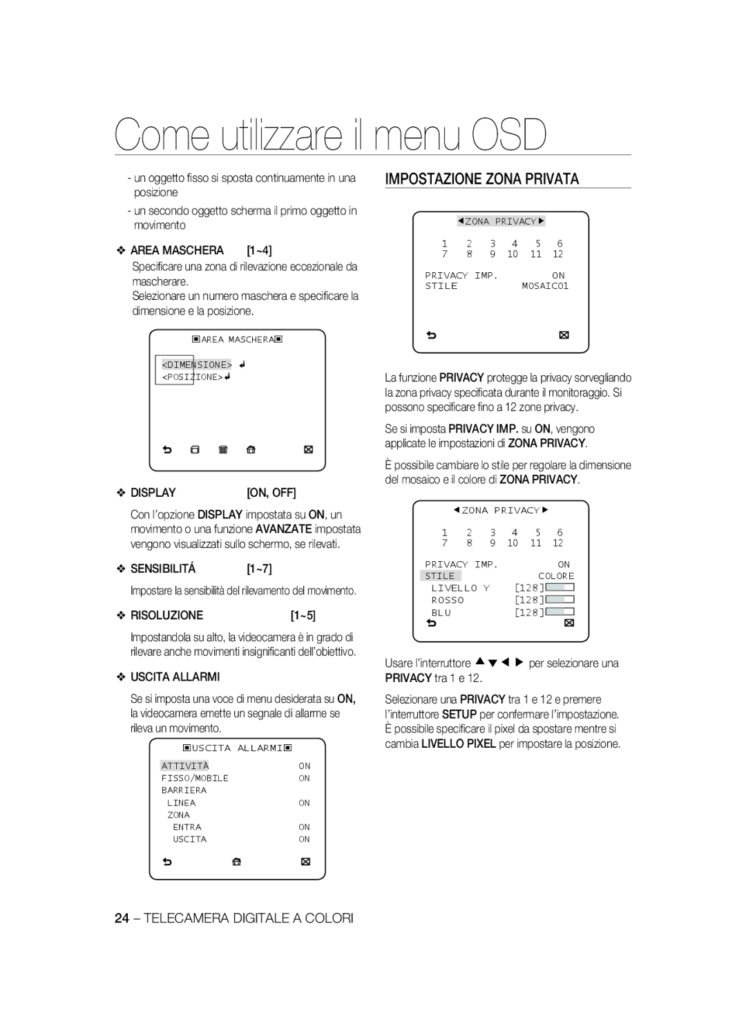 Samsung SCC-A2333P, SCC-A2033P manual Impostazione Zona Privata, Sensibilitá, Risoluzione, Uscita Allarmi, Area Maschera 