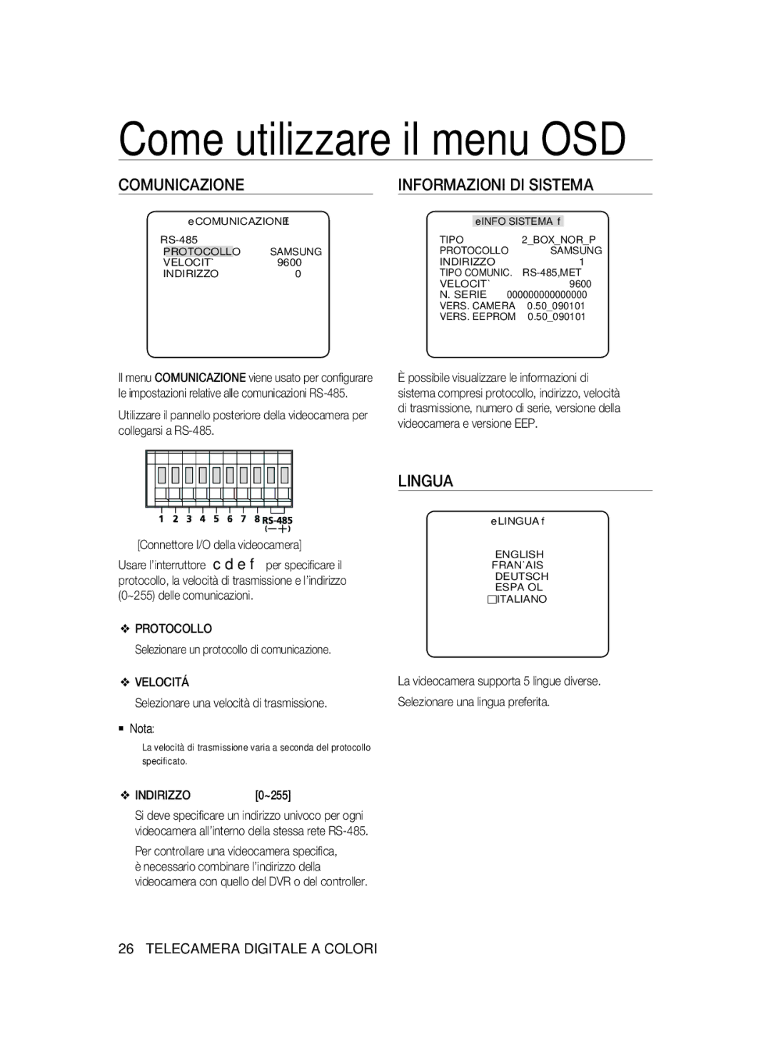 Samsung SCC-A2333P, SCC-A2033P manual Lingua, Protocollo, Velocitá, Indirizzo 