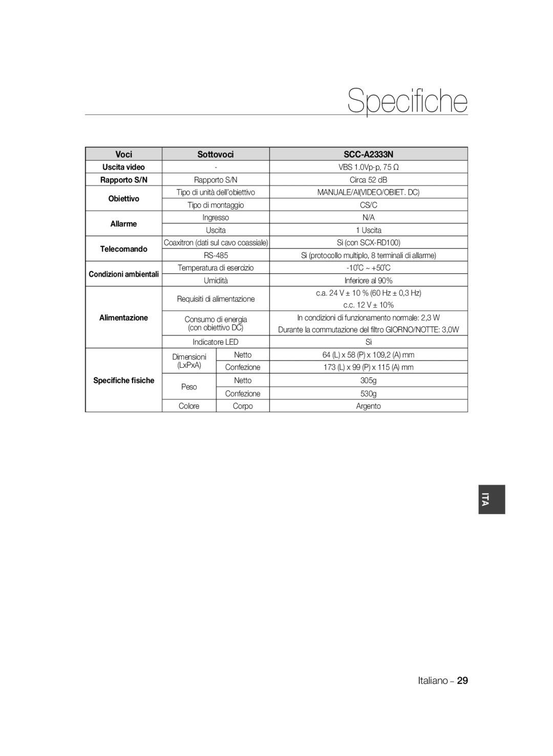 Samsung SCC-A2033P, SCC-A2333P manual Sottovoci SCC-A2333N, Alimentazione, LxPxA, Speciﬁche ﬁsiche, Colore 