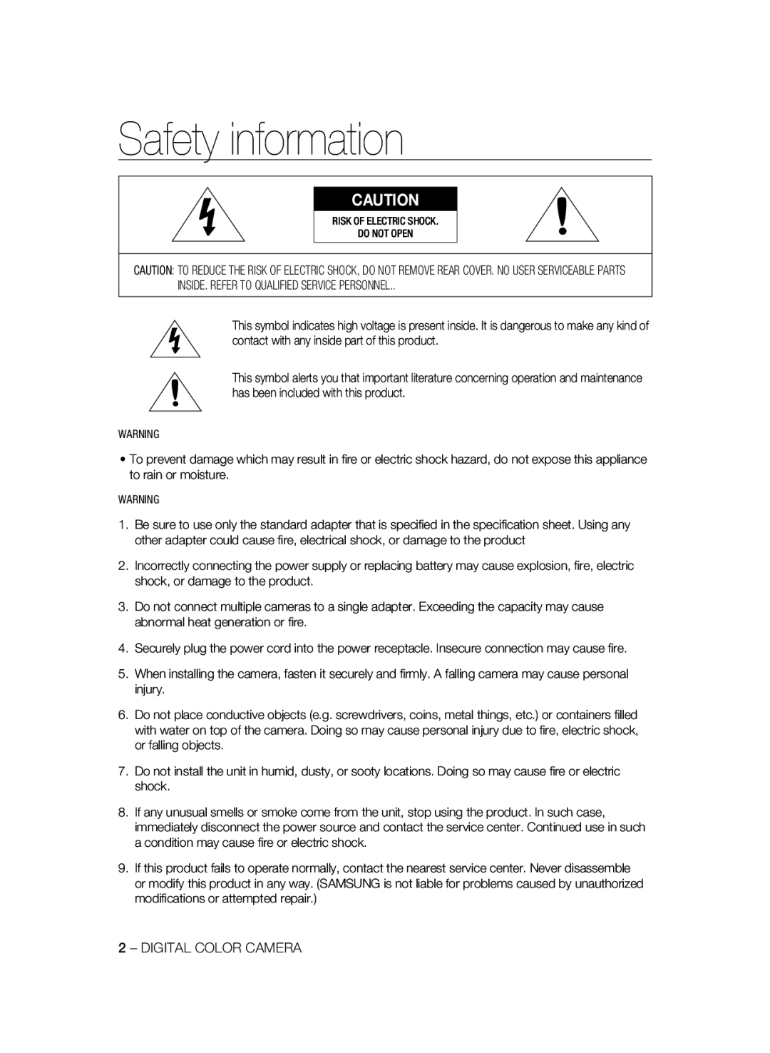 Samsung SCC-A2333P, SCC-A2033P manual Safety information, Digital Color Camera, Risk of Electric Shock Do not Open 