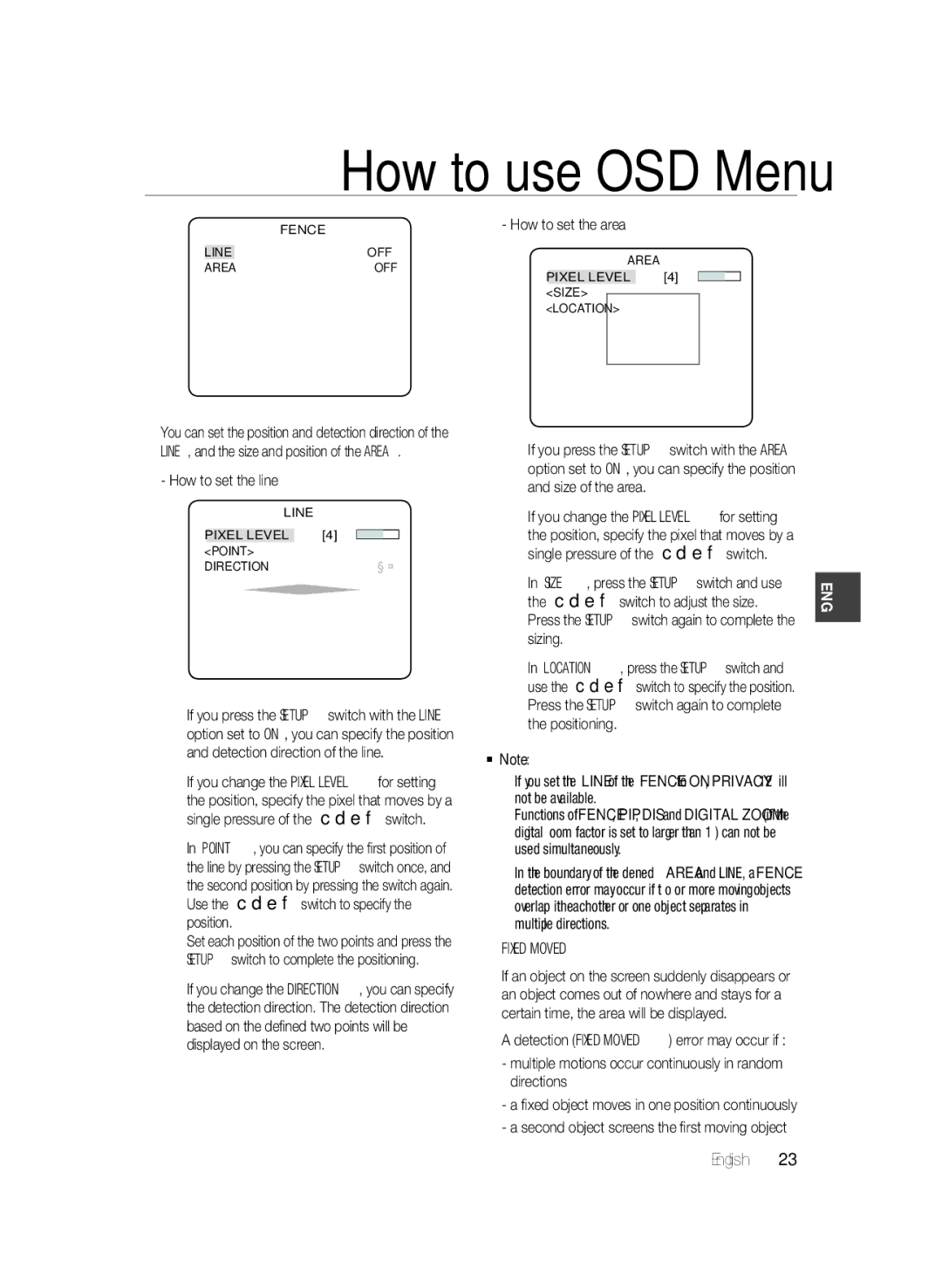 Samsung SCC-A2033P, SCC-A2333P manual How to set the line, How to set the area, Sizing, Fixed/Moved 