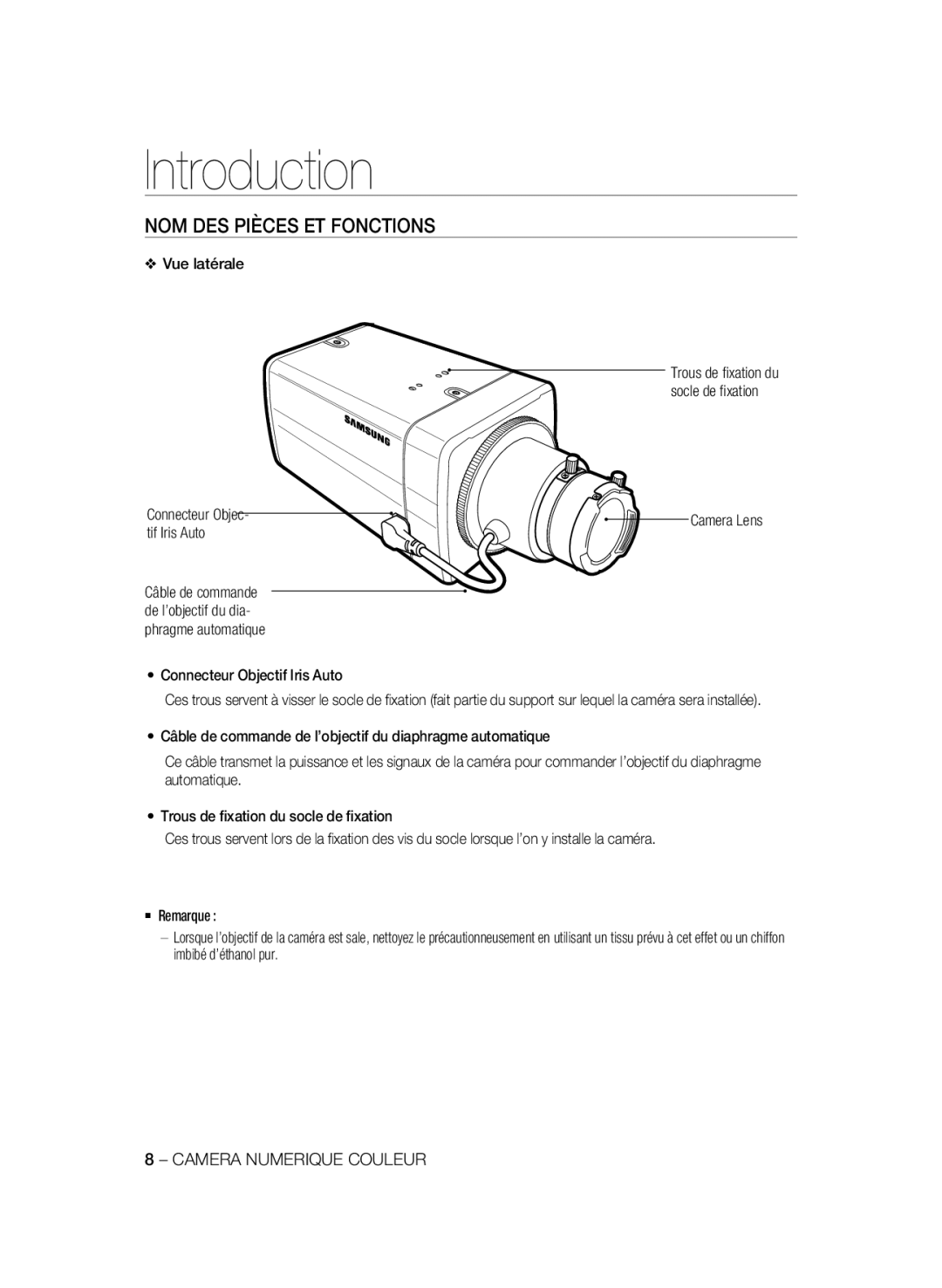Samsung SCC-A2333P, SCC-A2033P manual NOM DES Pièces ET Fonctions, Vue latérale, Connecteur Objectif Iris Auto, Camera Lens 