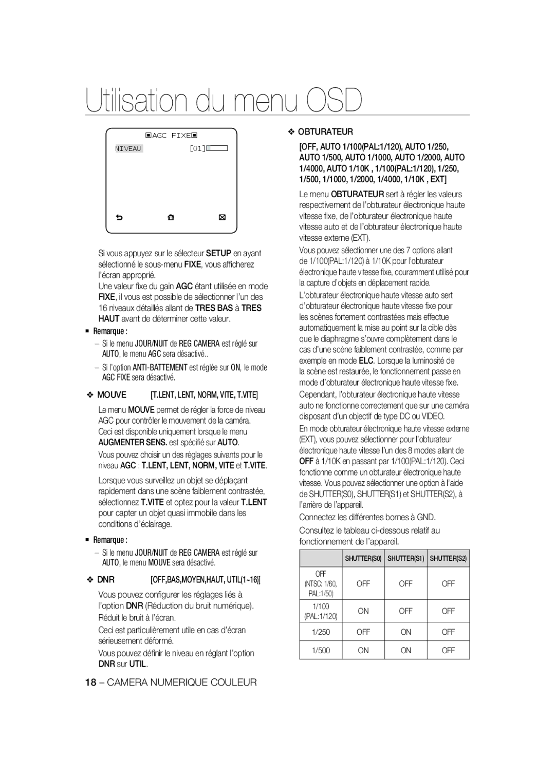 Samsung SCC-A2333P, SCC-A2033P manual Mouve, Obturateur, Connectez les différentes bornes à GND, ‹Agc Fixe‹ 