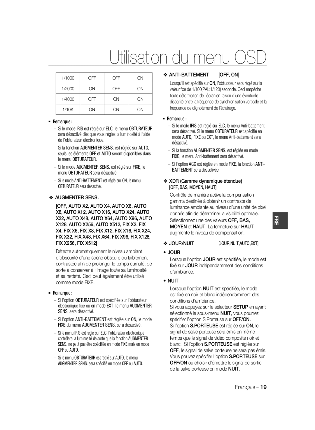 Samsung SCC-A2033P, SCC-A2333P manual Augmenter Sens, Jour, Nuit, Anti-Battement 