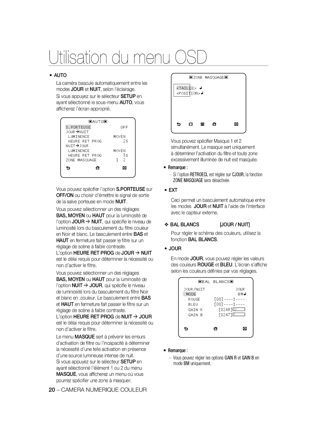 Samsung SCC-A2333P manual ‹ZONE MASQUAGE‹ Taille Position, ‹BAL Blancs ‹ JOUR/NUIT Jour Mode Rouge Bleu Gain R, Gain B 