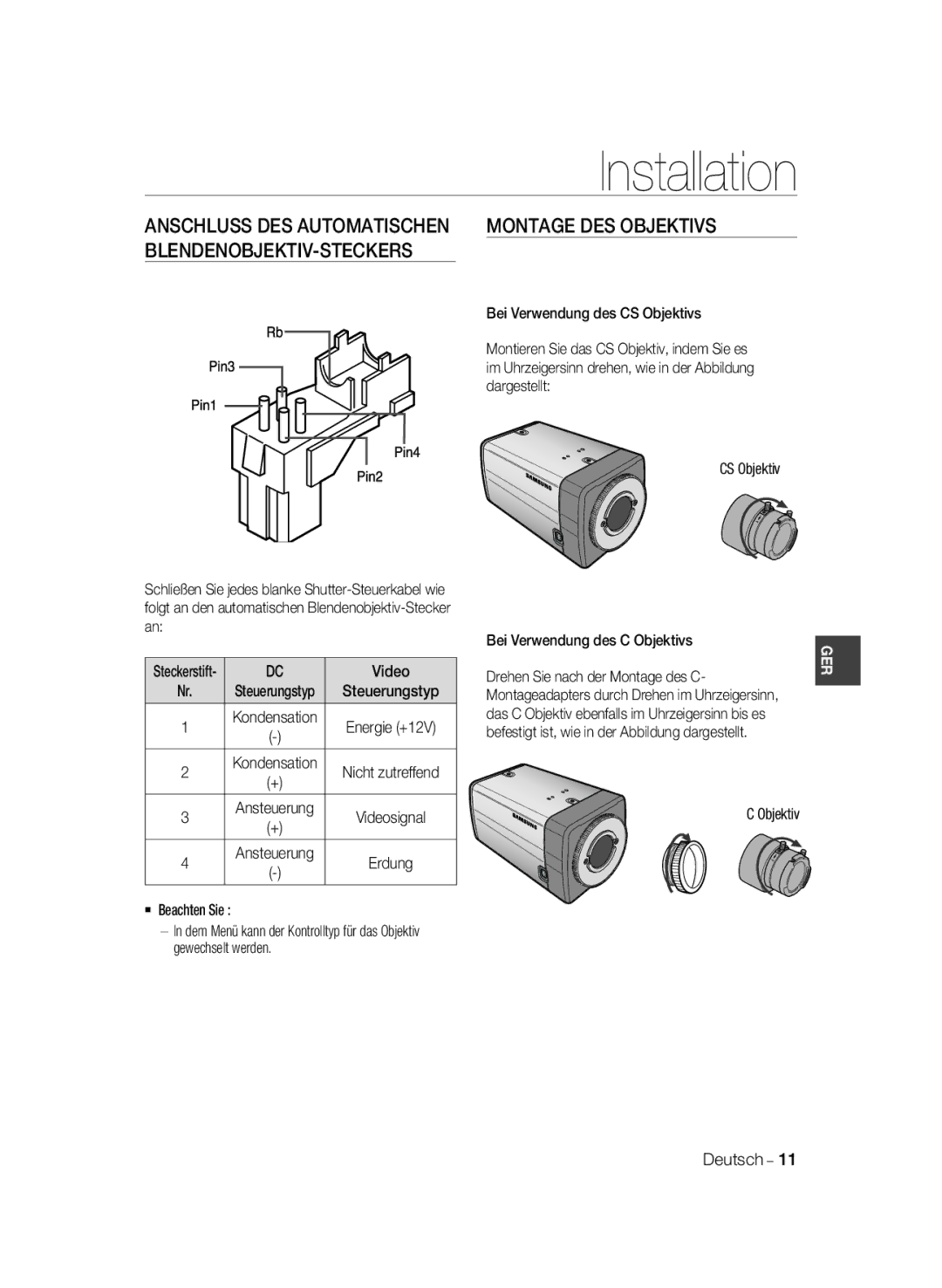 Samsung SCC-A2033P, SCC-A2333P manual Video,  Beachten Sie, Drehen Sie nach der Montage des C, Steuerungstyp 