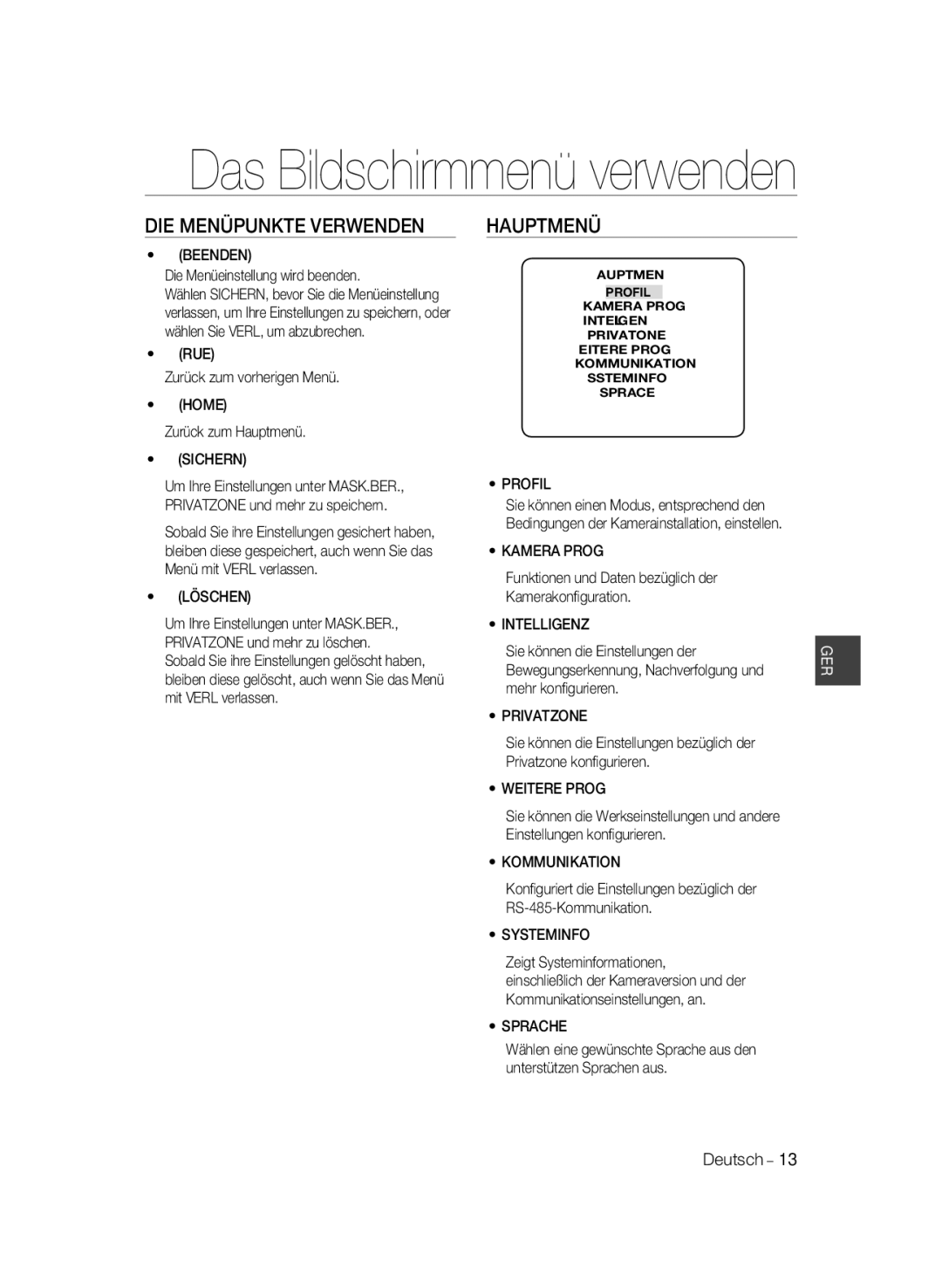 Samsung SCC-A2033P, SCC-A2333P manual DIE Menüpunkte Verwenden, Hauptmenü 