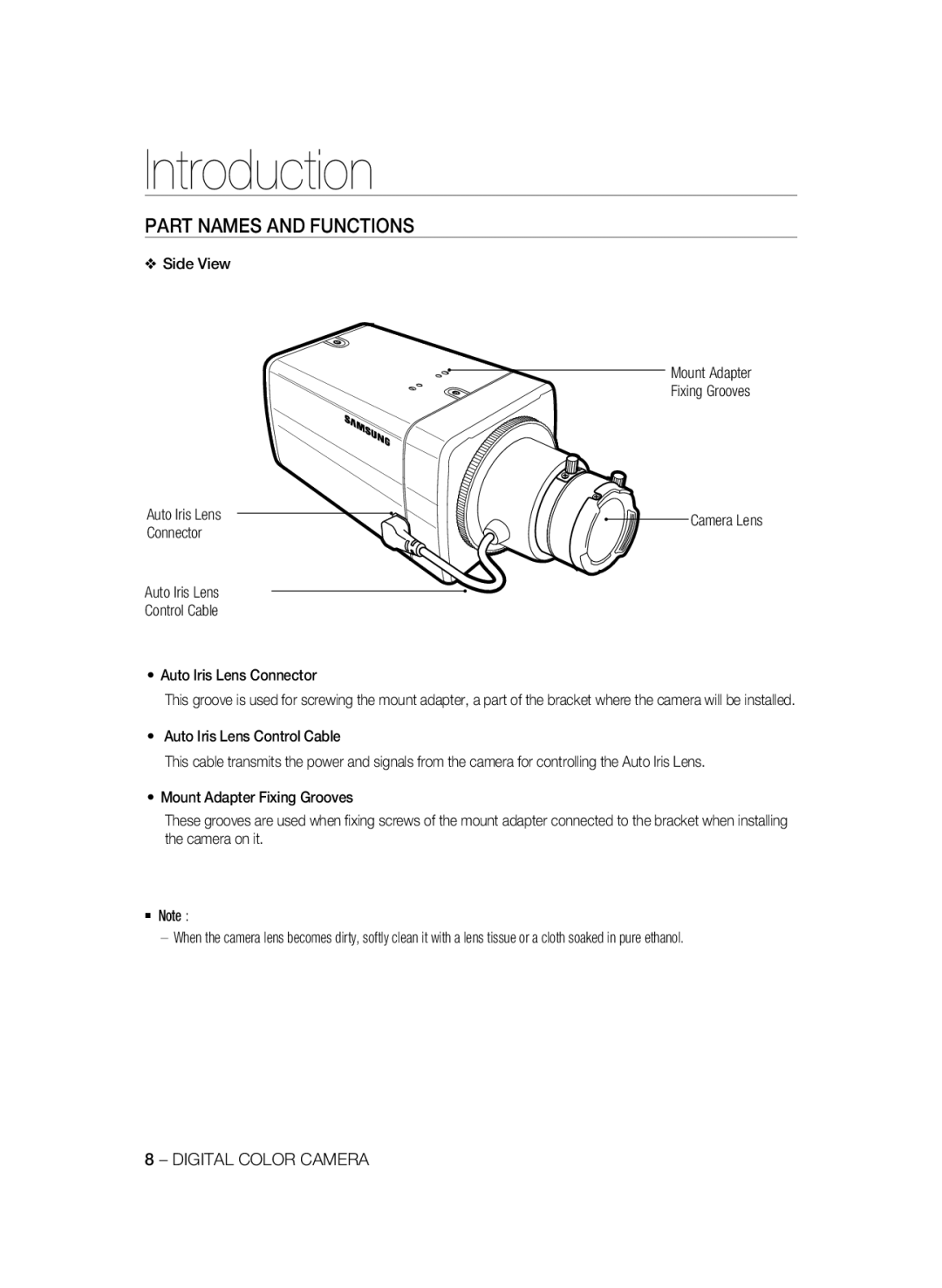 Samsung SCC-A2333P, SCC-A2033P Part Names and Functions, Side View Mount Adapter Fixing Grooves Auto Iris Lens, Connector 