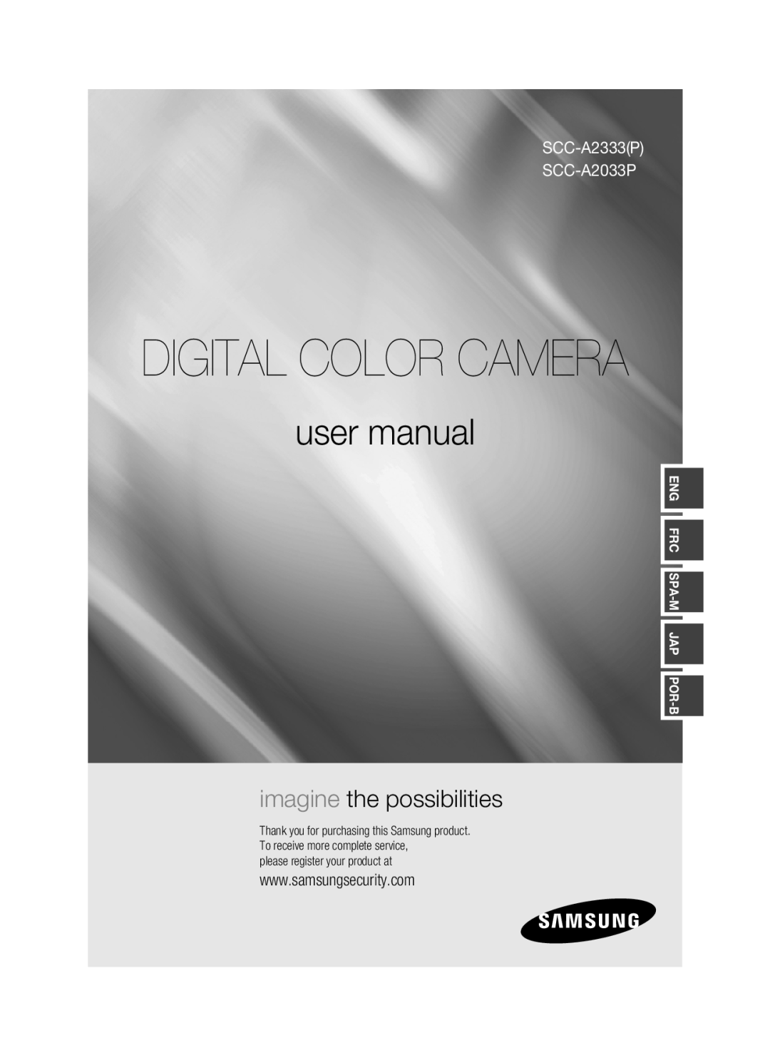 Samsung manual Digital Color Camera, user manual, imagine the possibilities, SCC-A2333P SCC-A2033P, Spa-M, Por-B 