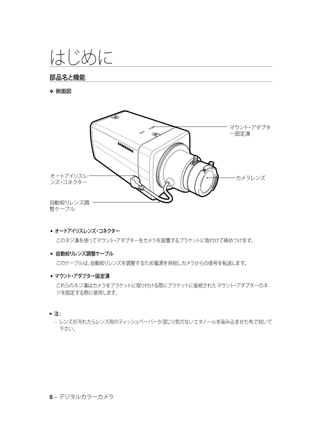 Samsung SCC-A2333P 部品名と機能, 自動絞りレンズ調 整ケーブル オートアイリスレンズ・コネクター, マウント・アダプター固定溝, 8 - デジタルカラーカメラ, はじめに, マウント・アダプタ ー固定溝 