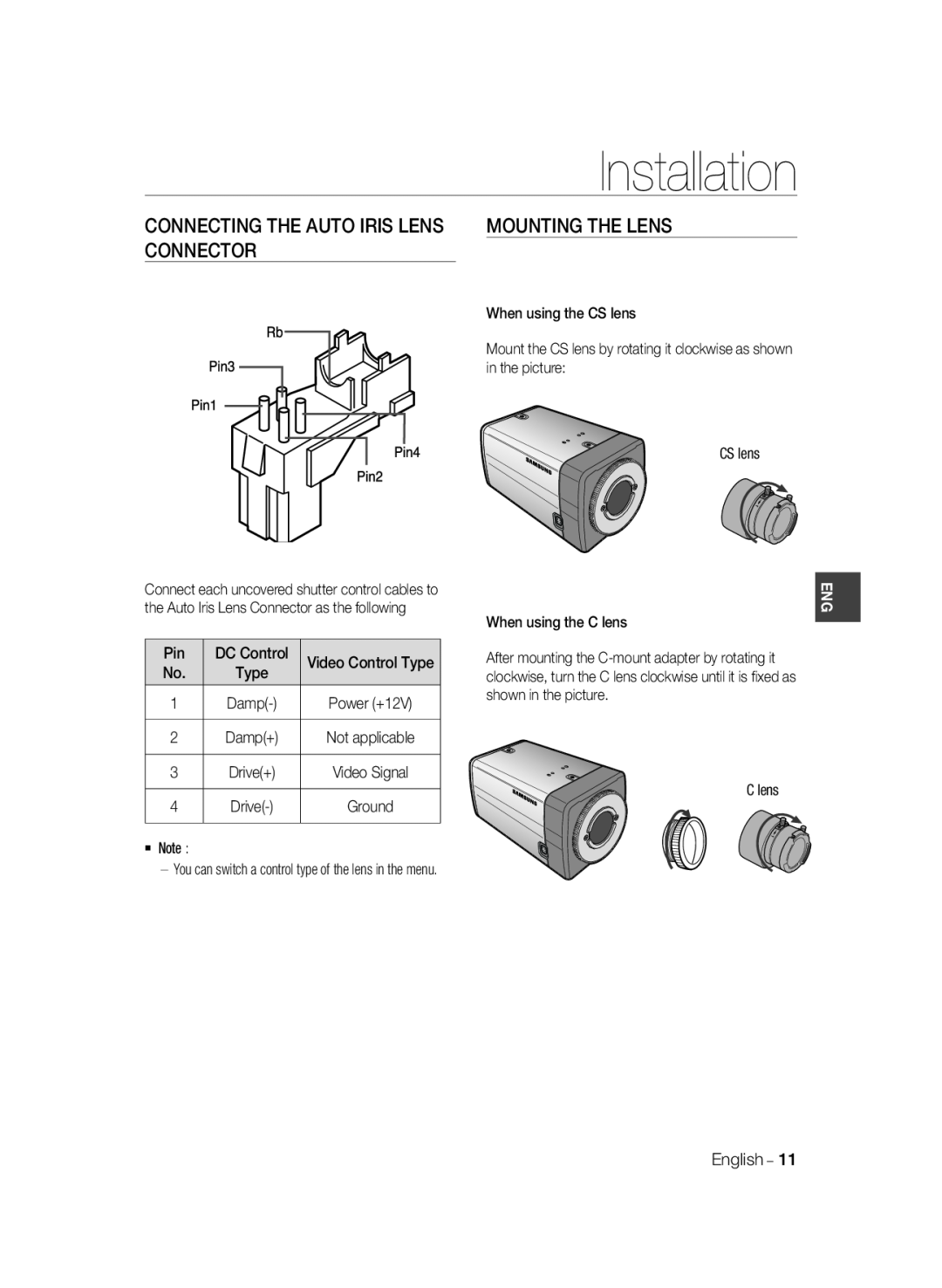 Samsung SCC-A2033P, SCC-A2333P manual Installation, Mounting The Lens, Connector, Connecting The Auto Iris Lens 