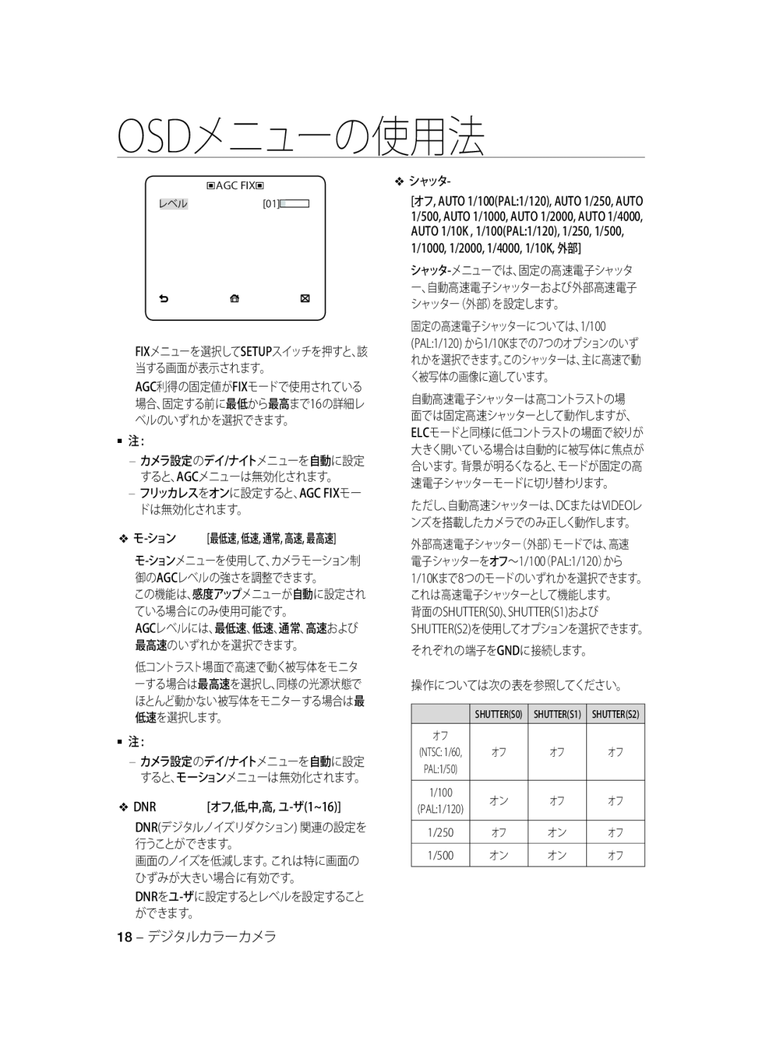 Samsung SCC-A2333P, SCC-A2033P manual モ-ション 最低速, 低速, 通常, 高速, 最高速, シャッタ, 操作については次の表を参照してください。, 18 - デジタルカラーカメラ, Osdメニューの使用法 