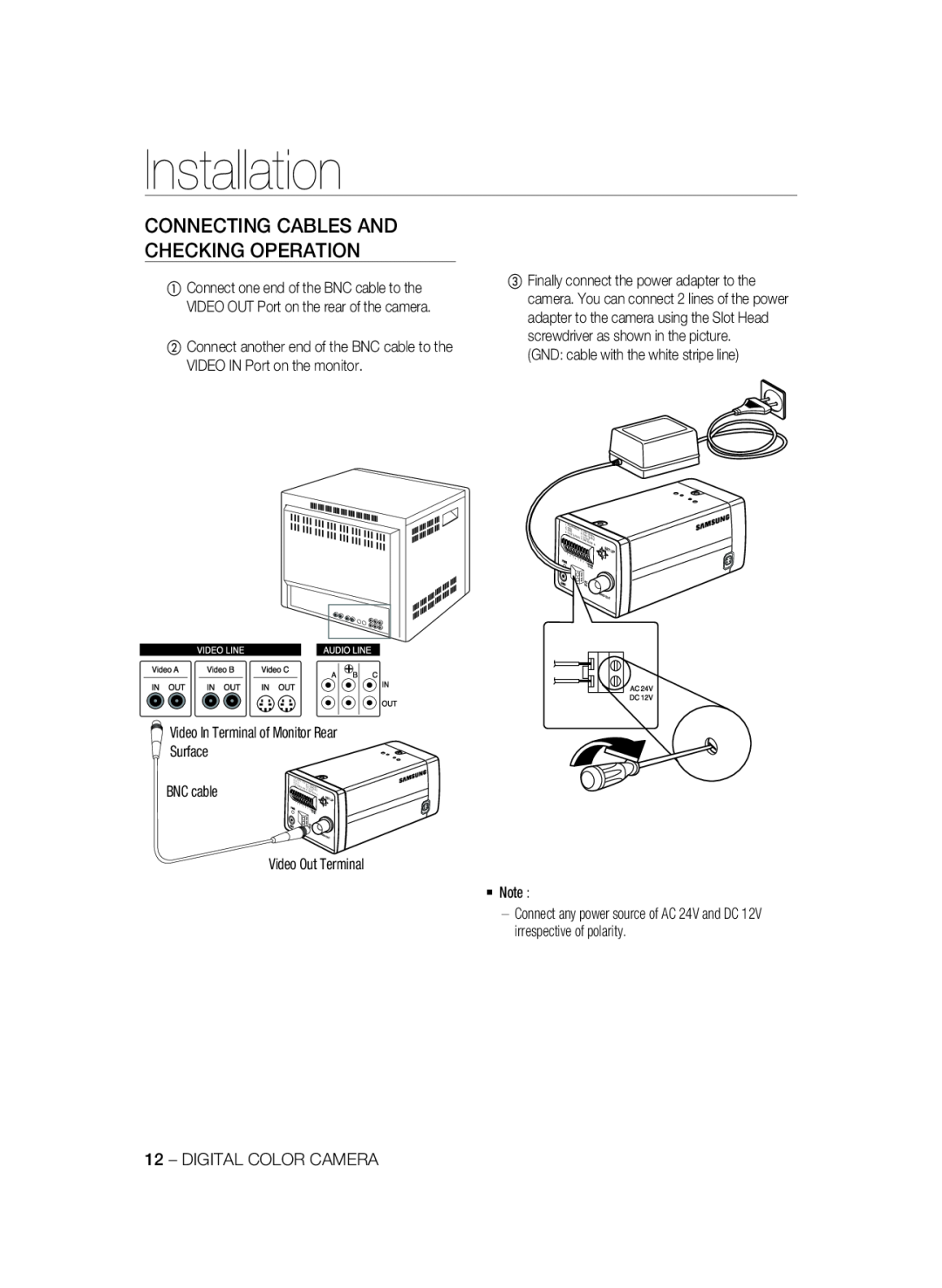 Samsung SCC-A2333P, SCC-A2033P manual Installation, Connecting Cables And Checking Operation 