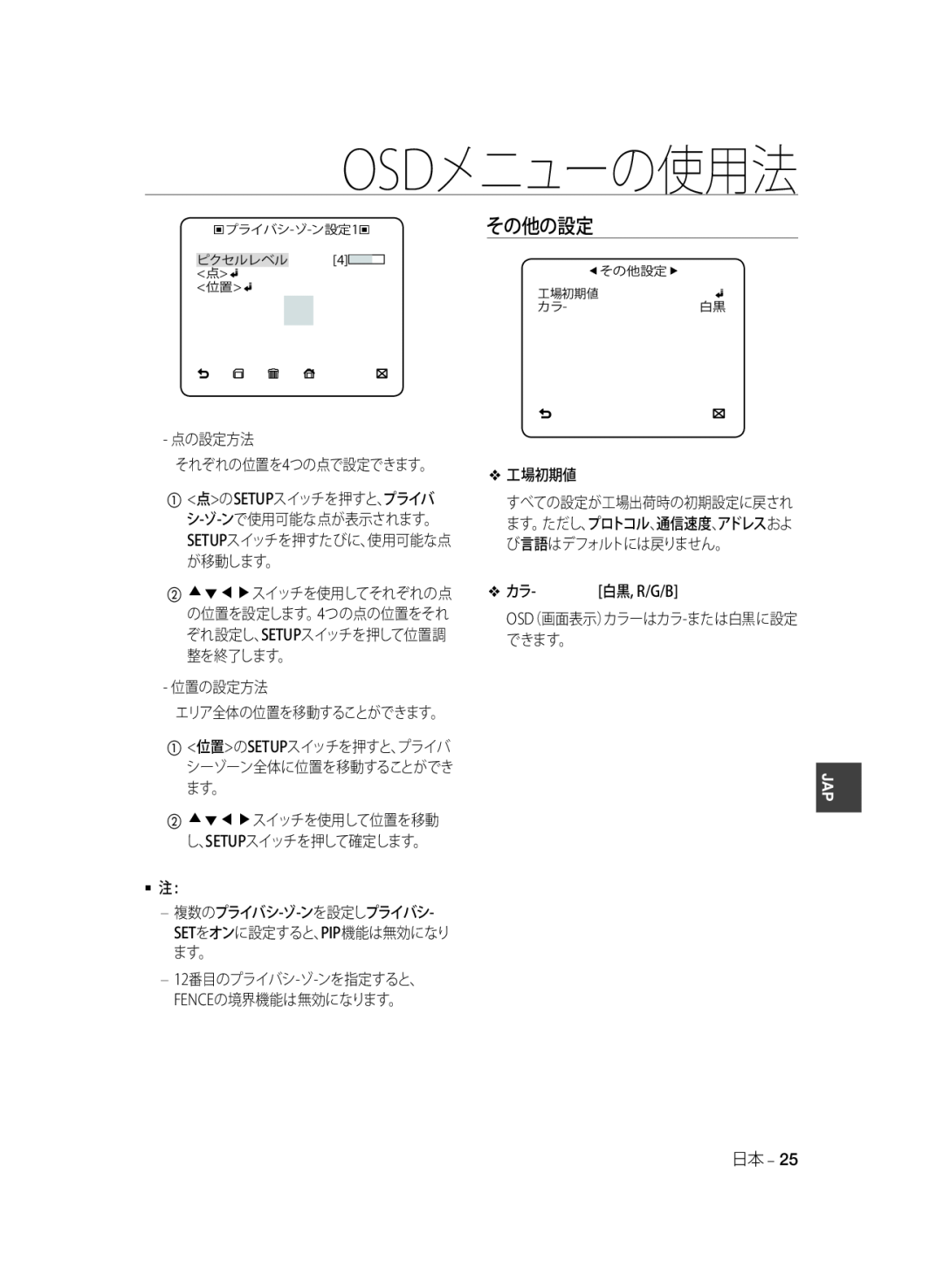 Samsung SCC-A2033P, SCC-A2333P その他の設定, 点の設定方法 それぞれの位置を4つの点で設定できます。, 位置の設定方法, 工場初期値, Osdメニューの使用法, エリア全体の位置を移動することができます。 