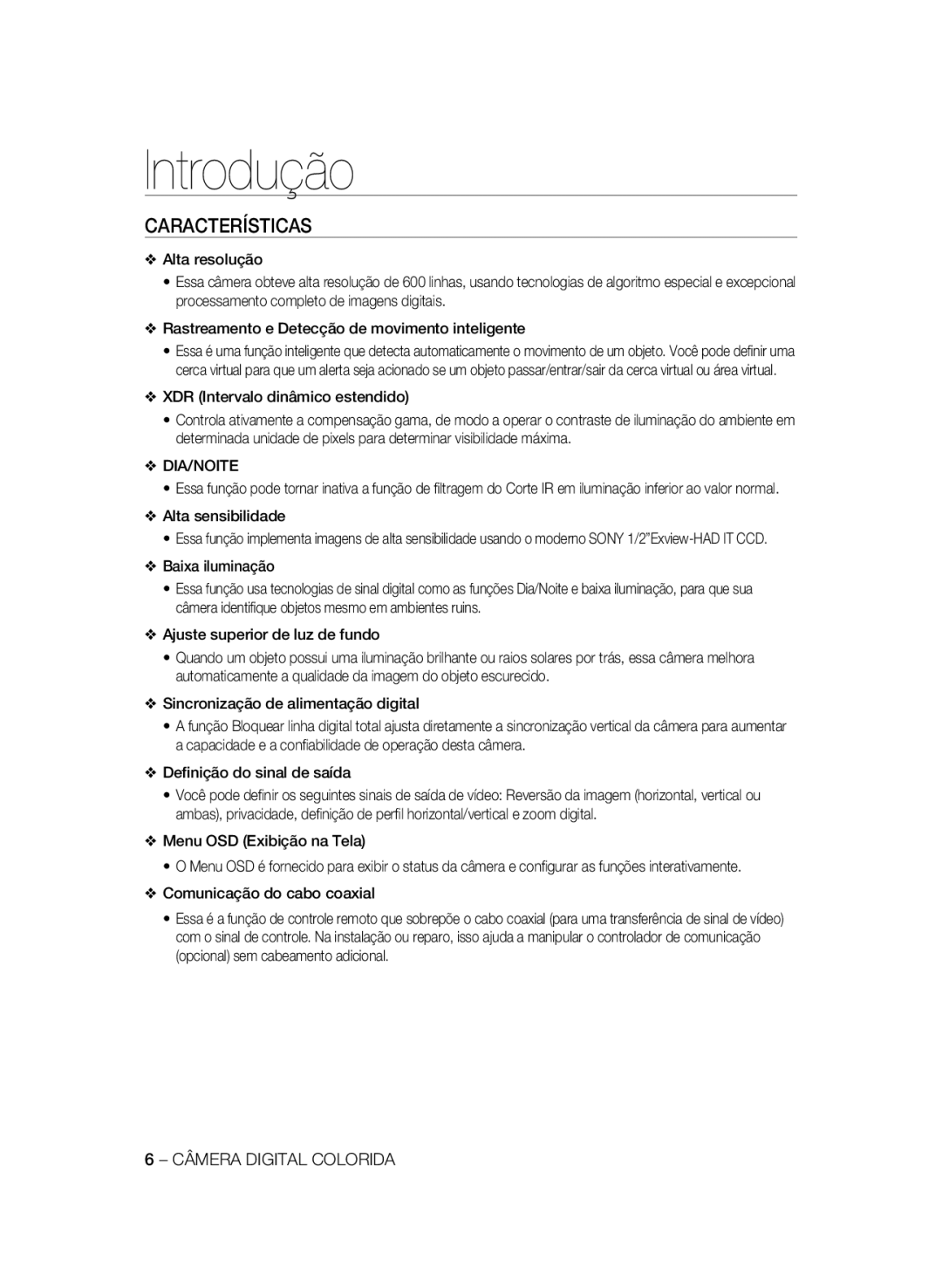 Samsung SCC-A2333P, SCC-A2033P manual Introdução, Características 
