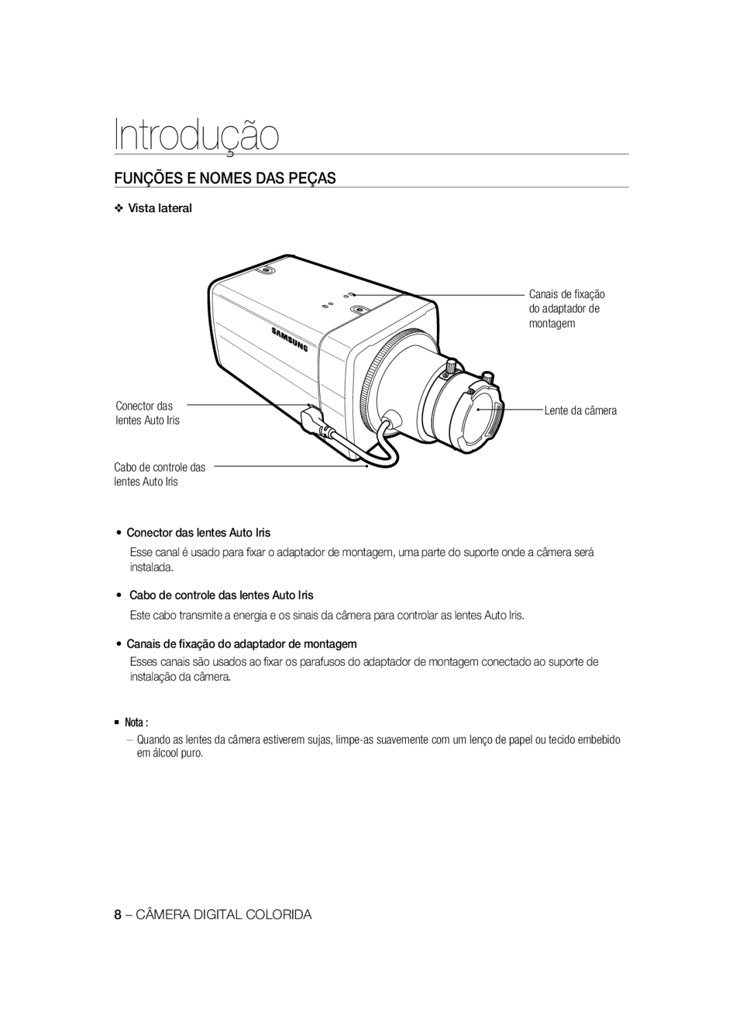 Samsung SCC-A2333P, SCC-A2033P manual Funções E Nomes Das Peças, Introdução, Canais de ﬁxação do adaptador de montagem 