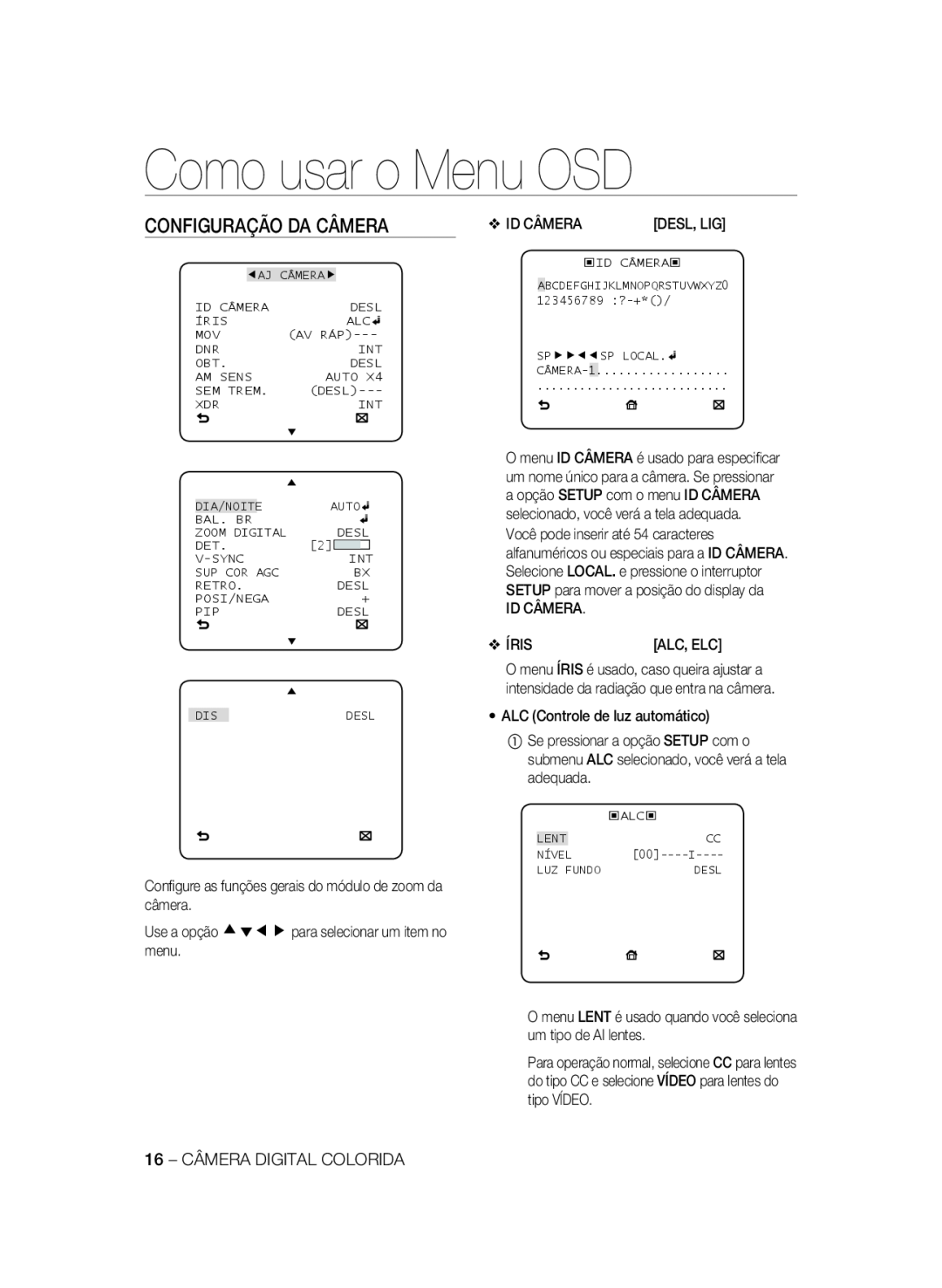 Samsung SCC-A2333P, SCC-A2033P manual Configuração Da Câmera, Como usar o Menu OSD 