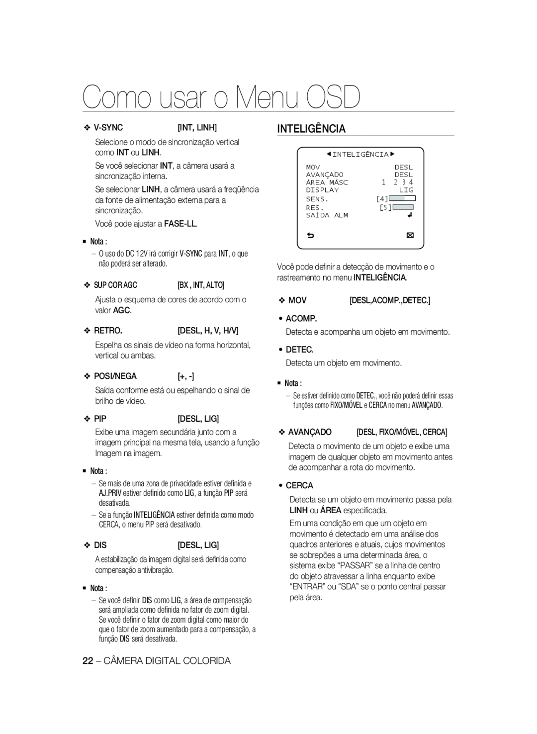 Samsung SCC-A2333P, SCC-A2033P manual Inteligência, Como usar o Menu OSD 