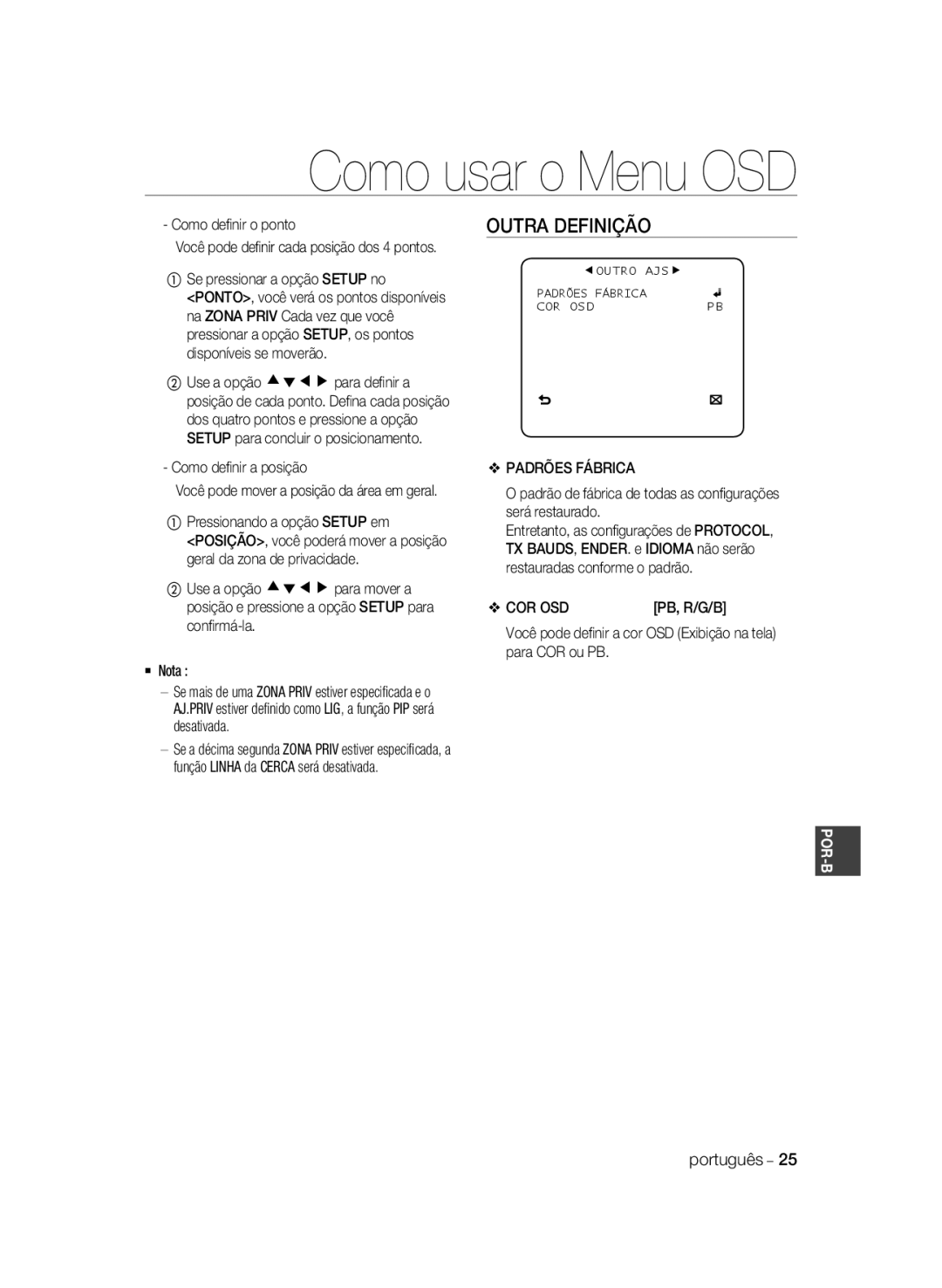 Samsung SCC-A2033P, SCC-A2333P manual Outra Definição, Como usar o Menu OSD, Por-B 