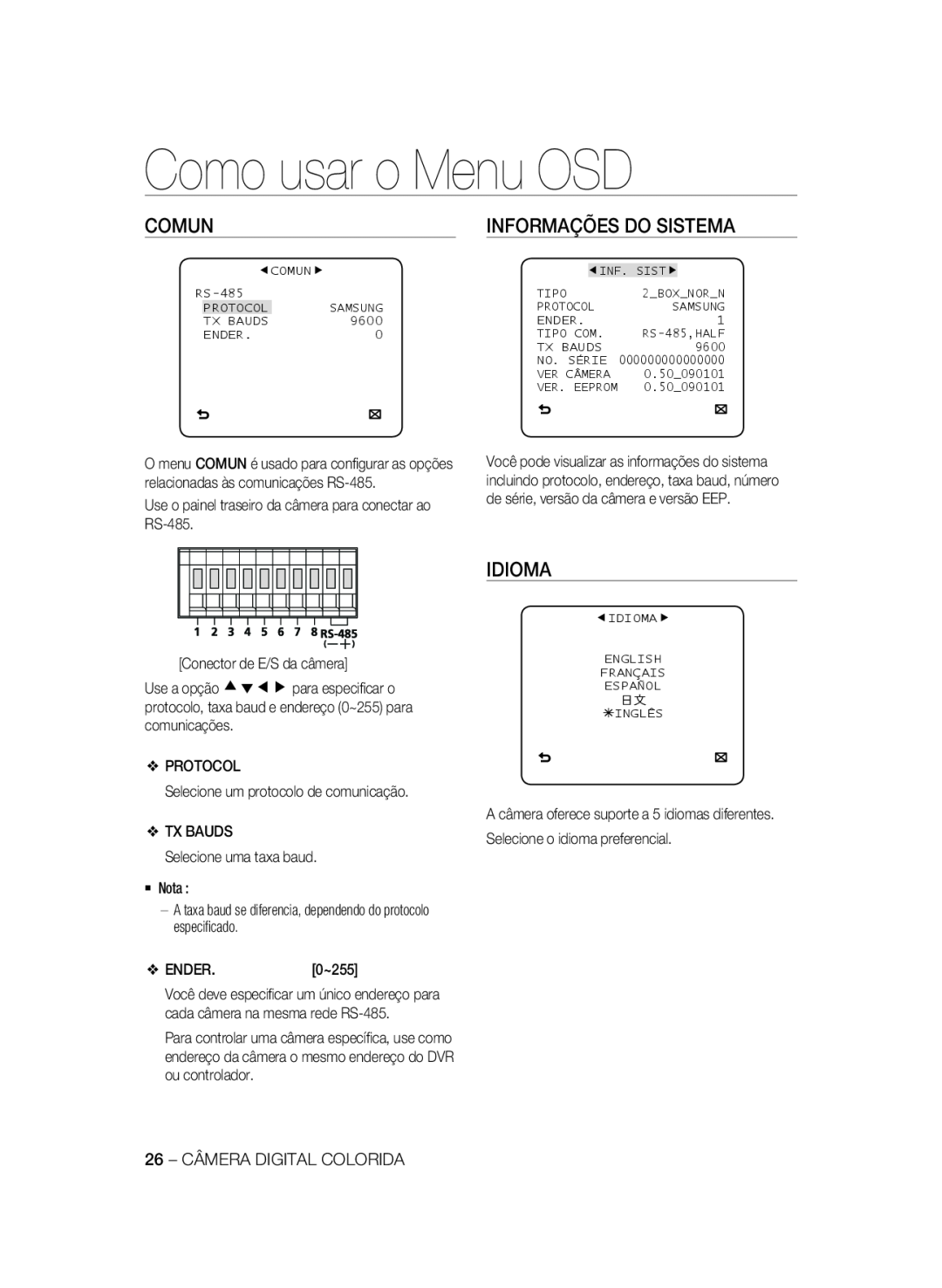 Samsung SCC-A2333P Comun, Informações Do Sistema, Como usar o Menu OSD, Idioma, Conector de E/S da câmera, ENDER.0~255 