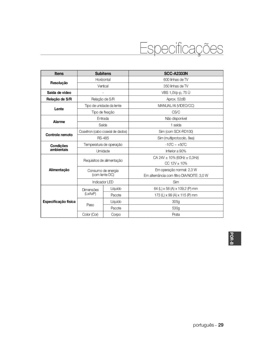 Samsung SCC-A2033P, SCC-A2333P manual Especiﬁcações, Itens, SCC-A2333N, ambientais, Alimentação, Por-B 