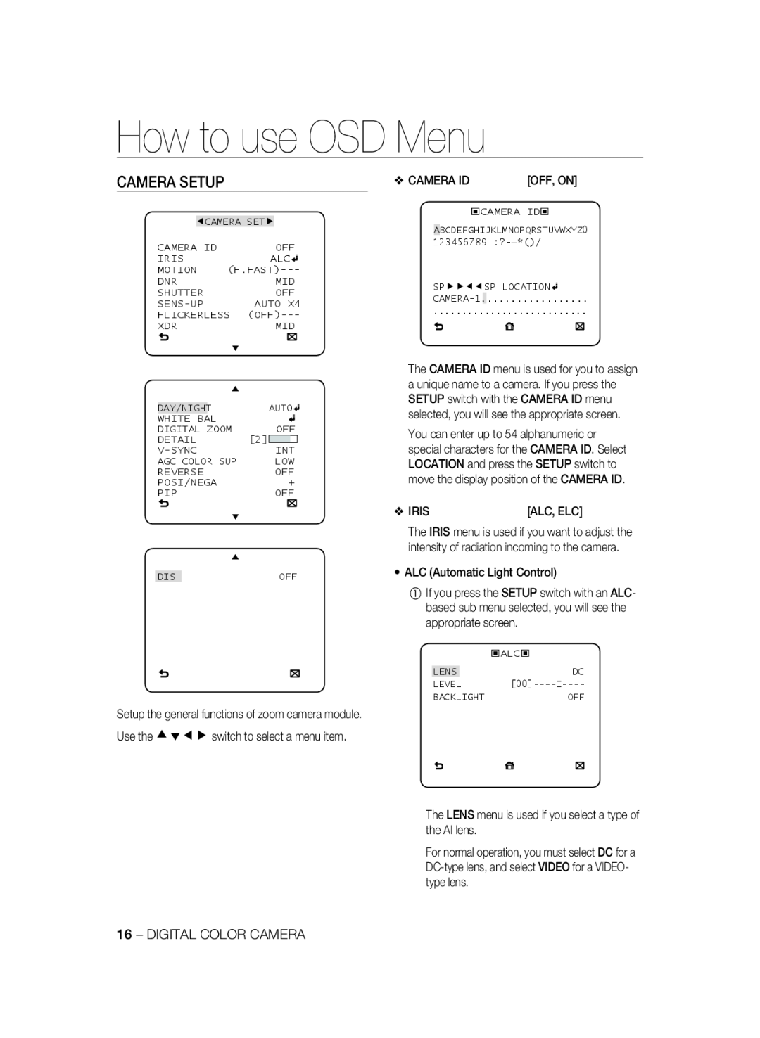 Samsung SCC-A2333P, SCC-A2033P Camera Setup, How to use OSD Menu, Iris, ALC Automatic Light Control, Digital Color Camera 