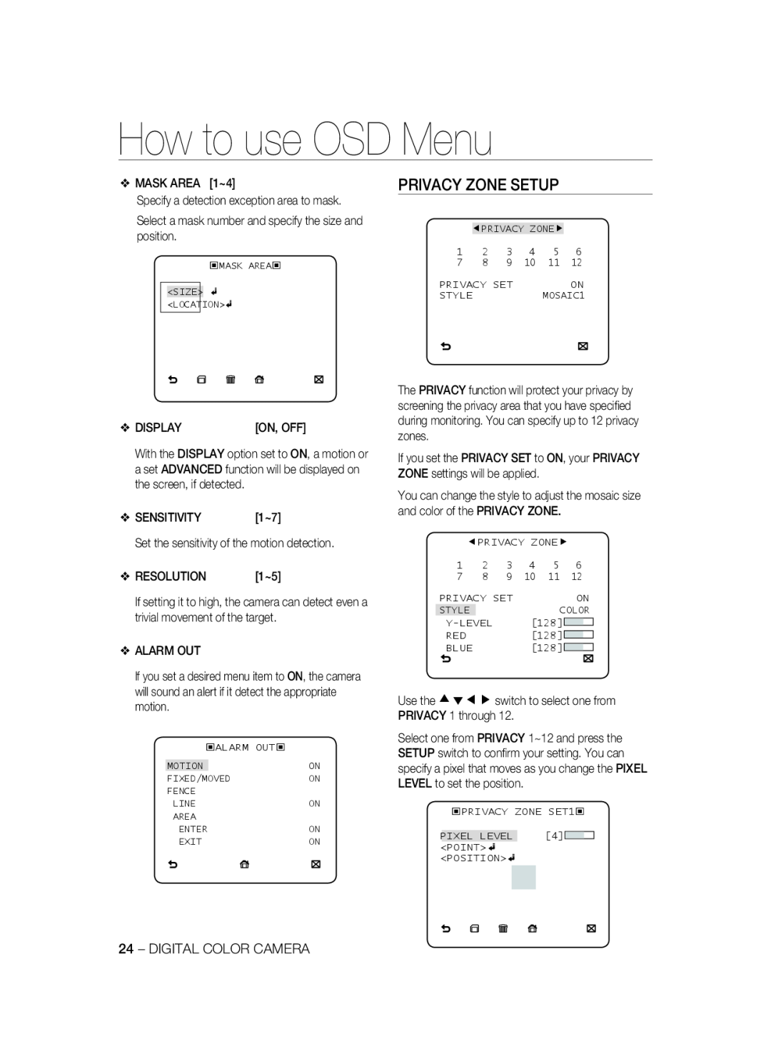 Samsung SCC-A2333P, SCC-A2033P manual Privacy Zone Setup, How to use OSD Menu 