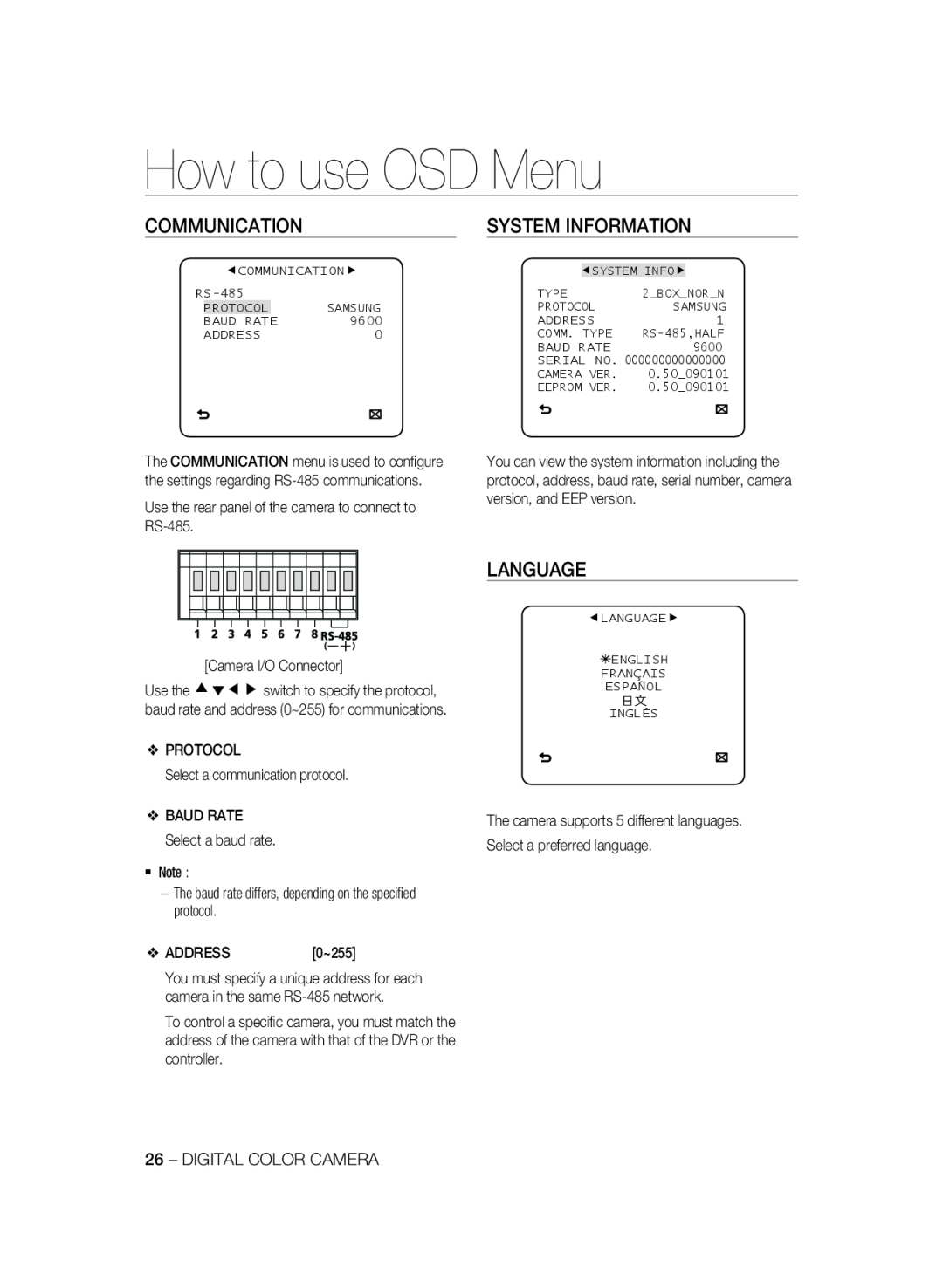 Samsung SCC-A2333P Communication, System Information, Language, How to use OSD Menu, Camera I/O Connector, Address, 0~255 