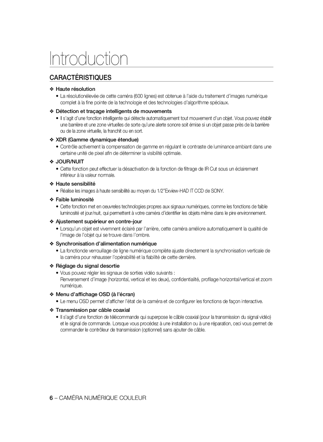 Samsung SCC-A2333P, SCC-A2033P manual Caractéristiques, Introduction 