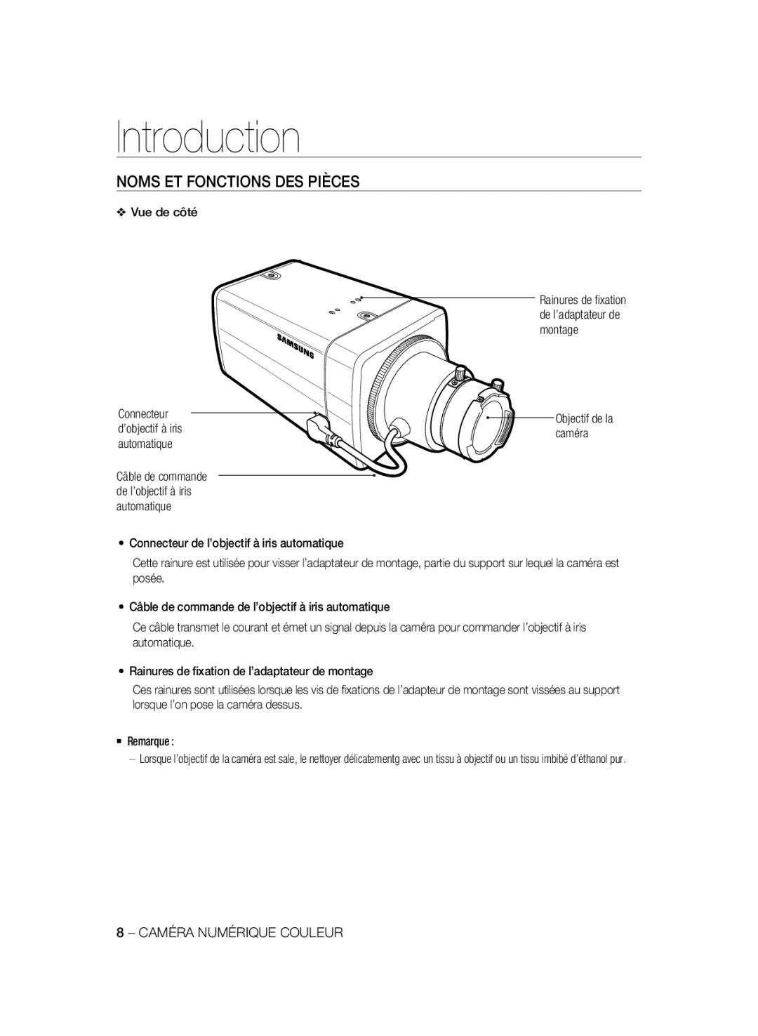 Samsung SCC-A2333P, SCC-A2033P Noms Et Fonctions Des Pièces, Introduction, Rainures de ﬁxation de l’adaptateur de montage 