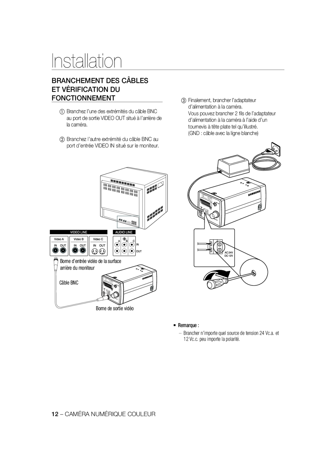Samsung SCC-A2333P Branchement Des Câbles Et Vérification Du Fonctionnement, Installation, GND câble avec la ligne blanche 