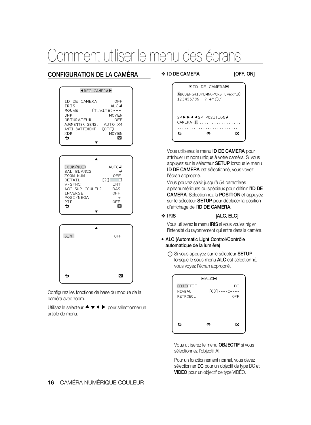 Samsung SCC-A2333P, SCC-A2033P manual Configuration De La Caméra, Comment utiliser le menu des écrans 