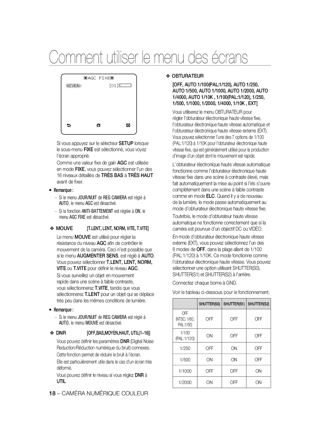 Samsung SCC-A2333P, SCC-A2033P manual Comment utiliser le menu des écrans, ‹AGC FIXE‹ NIVEAU01 