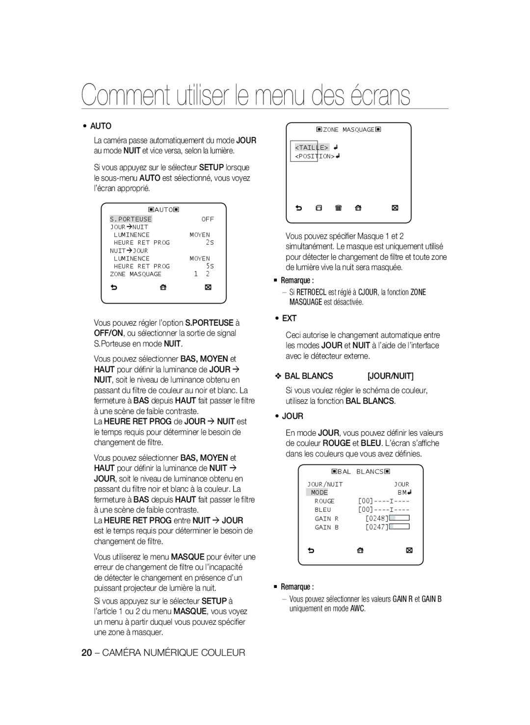 Samsung SCC-A2333P, SCC-A2033P manual Comment utiliser le menu des écrans 