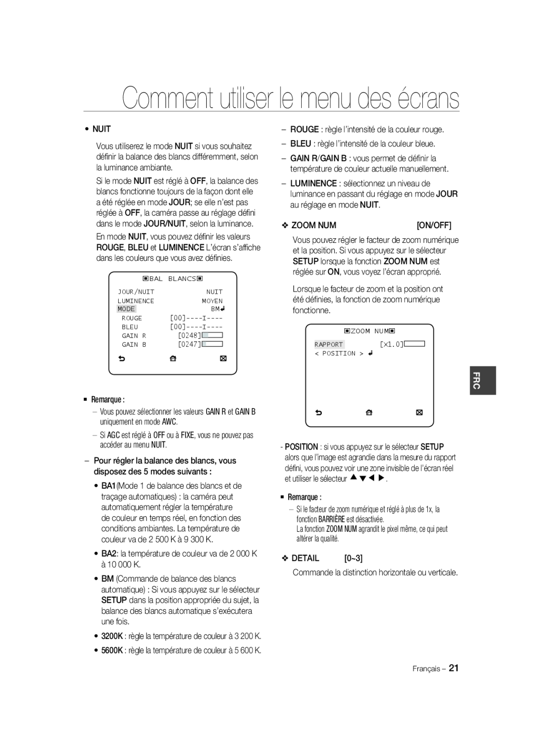 Samsung SCC-A2033P, SCC-A2333P manual Comment utiliser le menu des écrans 