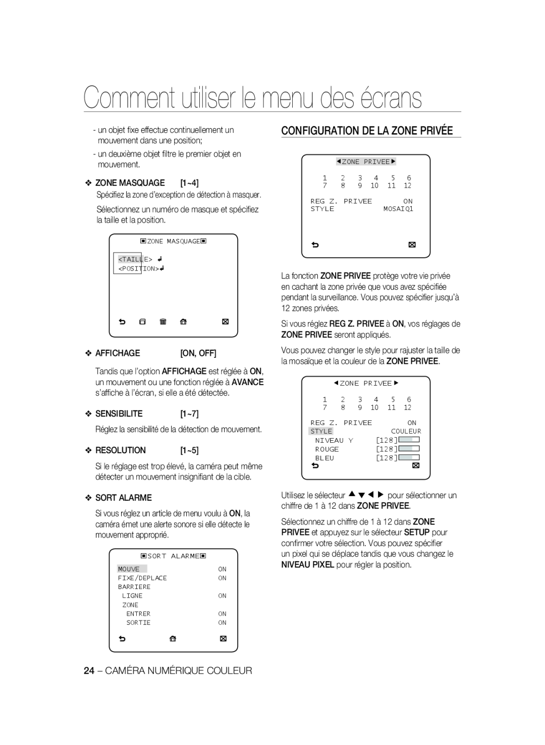 Samsung SCC-A2333P, SCC-A2033P manual Configuration De La Zone Privée, Comment utiliser le menu des écrans 