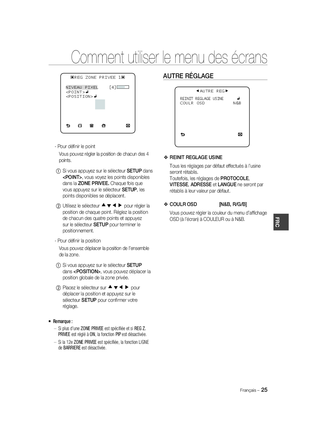 Samsung SCC-A2033P, SCC-A2333P manual Autre Réglage, Comment utiliser le menu des écrans, OSD à l’écran à COULEUR ou à N&B 