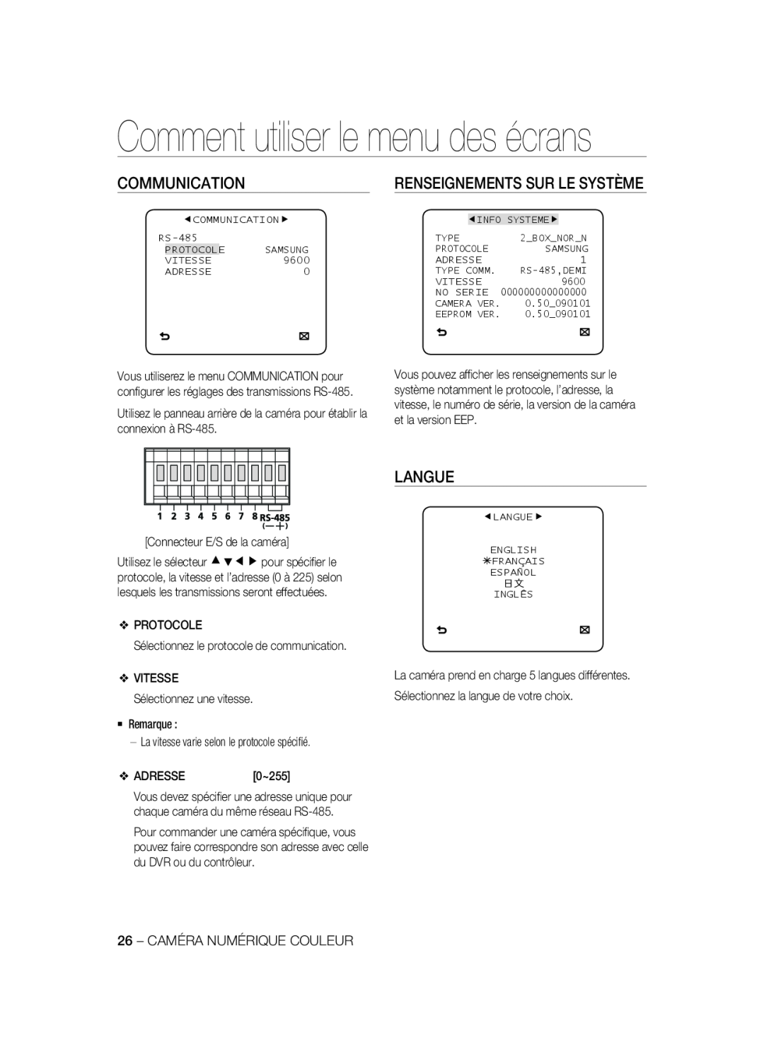 Samsung SCC-A2333P Langue, Comment utiliser le menu des écrans, Communication, Sélectionnez le protocole de communication 