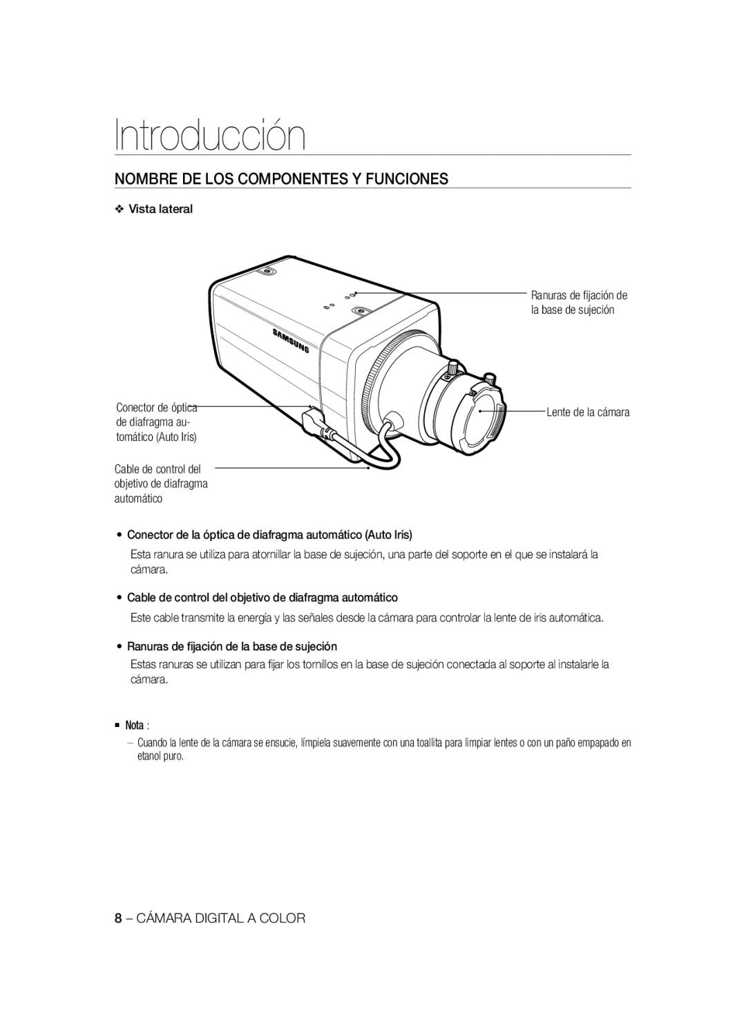 Samsung SCC-A2333P, SCC-A2033P manual Nombre De Los Componentes Y Funciones, Introducción 