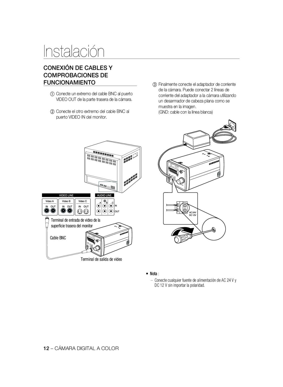 Samsung SCC-A2333P, SCC-A2033P manual Instalación, Conexión De Cables Y Comprobaciones De Funcionamiento 