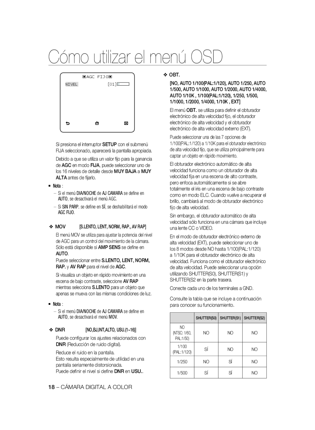 Samsung SCC-A2333P, SCC-A2033P manual Cómo utilizar el menú OSD, ‹AGC FIJO‹ NIVEL01 