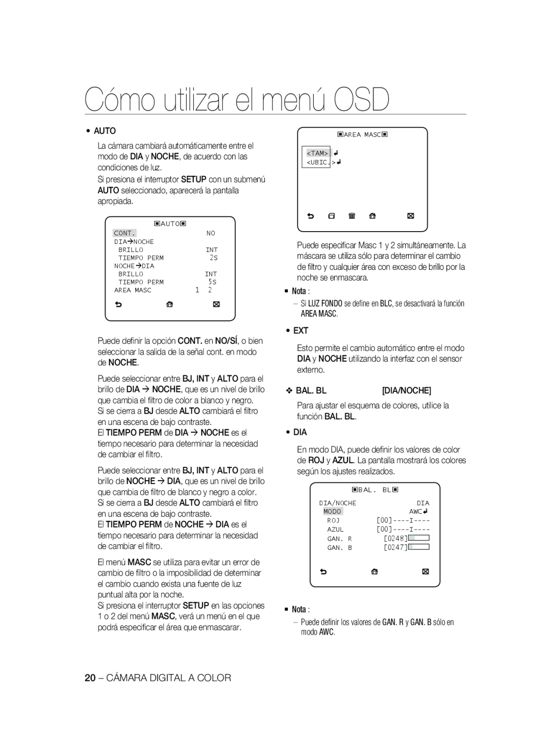 Samsung SCC-A2333P, SCC-A2033P manual Cómo utilizar el menú OSD, Si LUZ FONDO se deﬁne en BLC, se desactivará la función 
